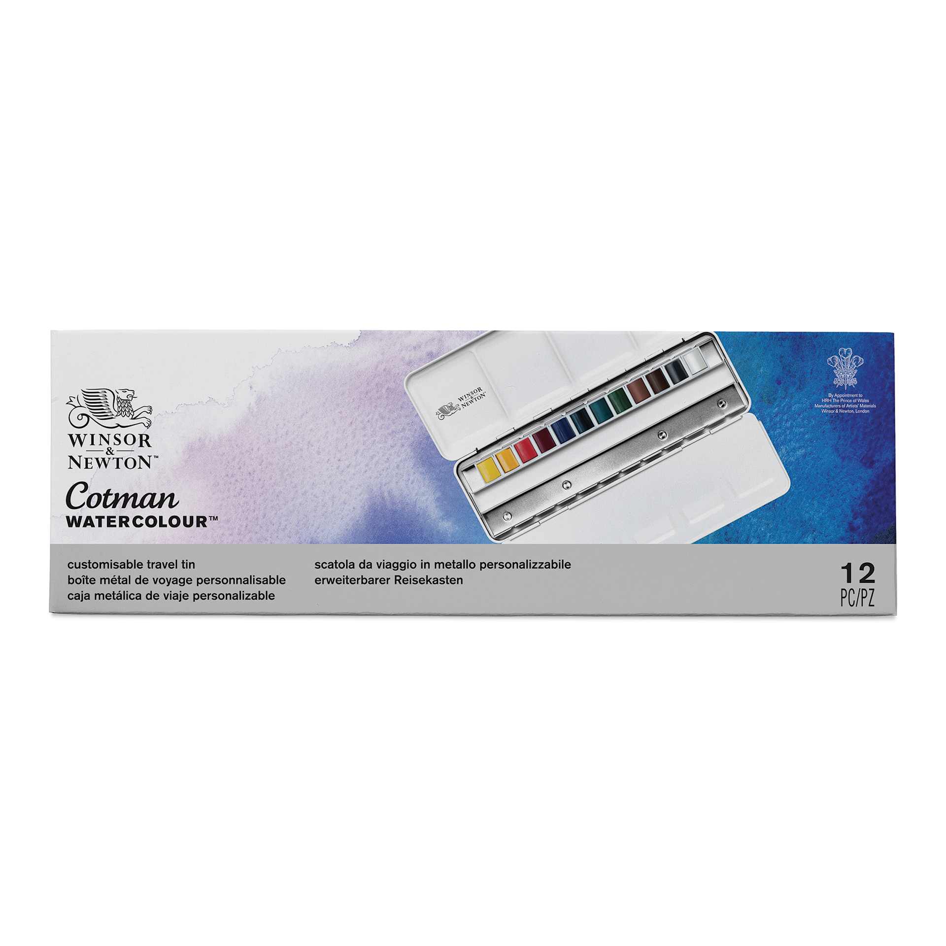Winsor & Newton Cotman Watercolor Set - Customizable Travel Tin, Set of 12, Assorted Colors, Half Pans (Front of packaging)