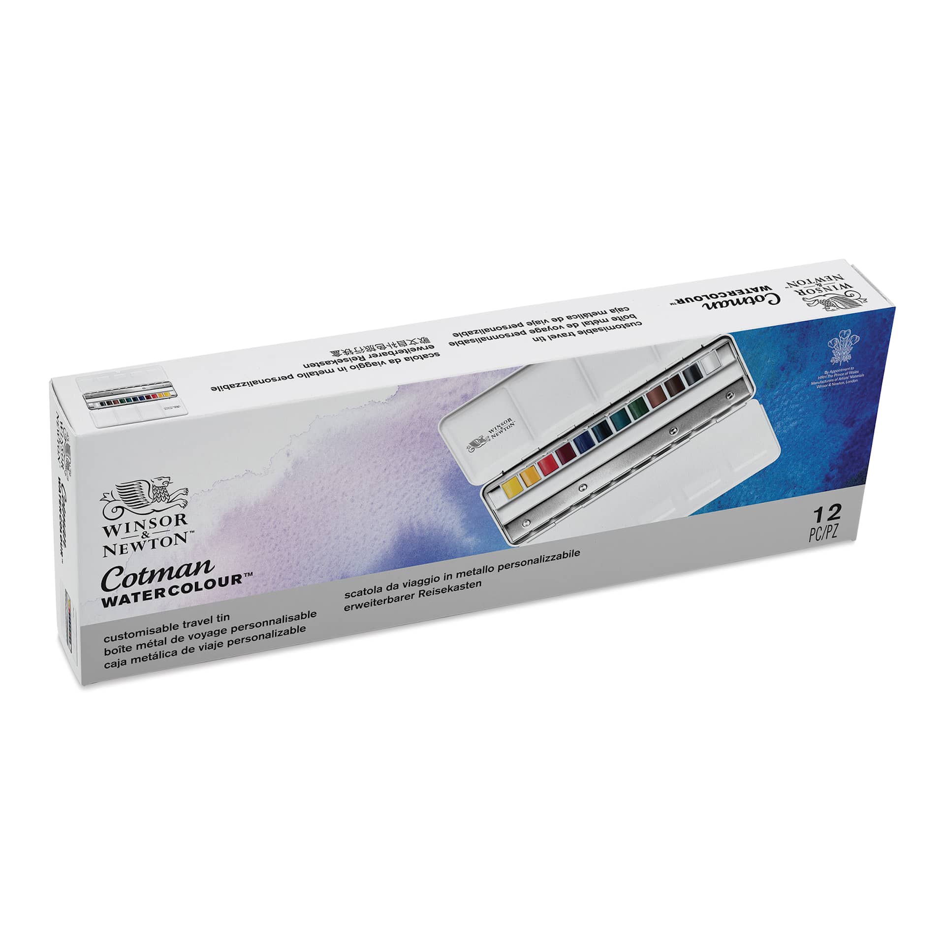 Winsor & Newton Cotman Watercolor Set - Customizable Travel Tin, Set of 12, Assorted Colors, Half Pans (Front of packaging, Angled view)