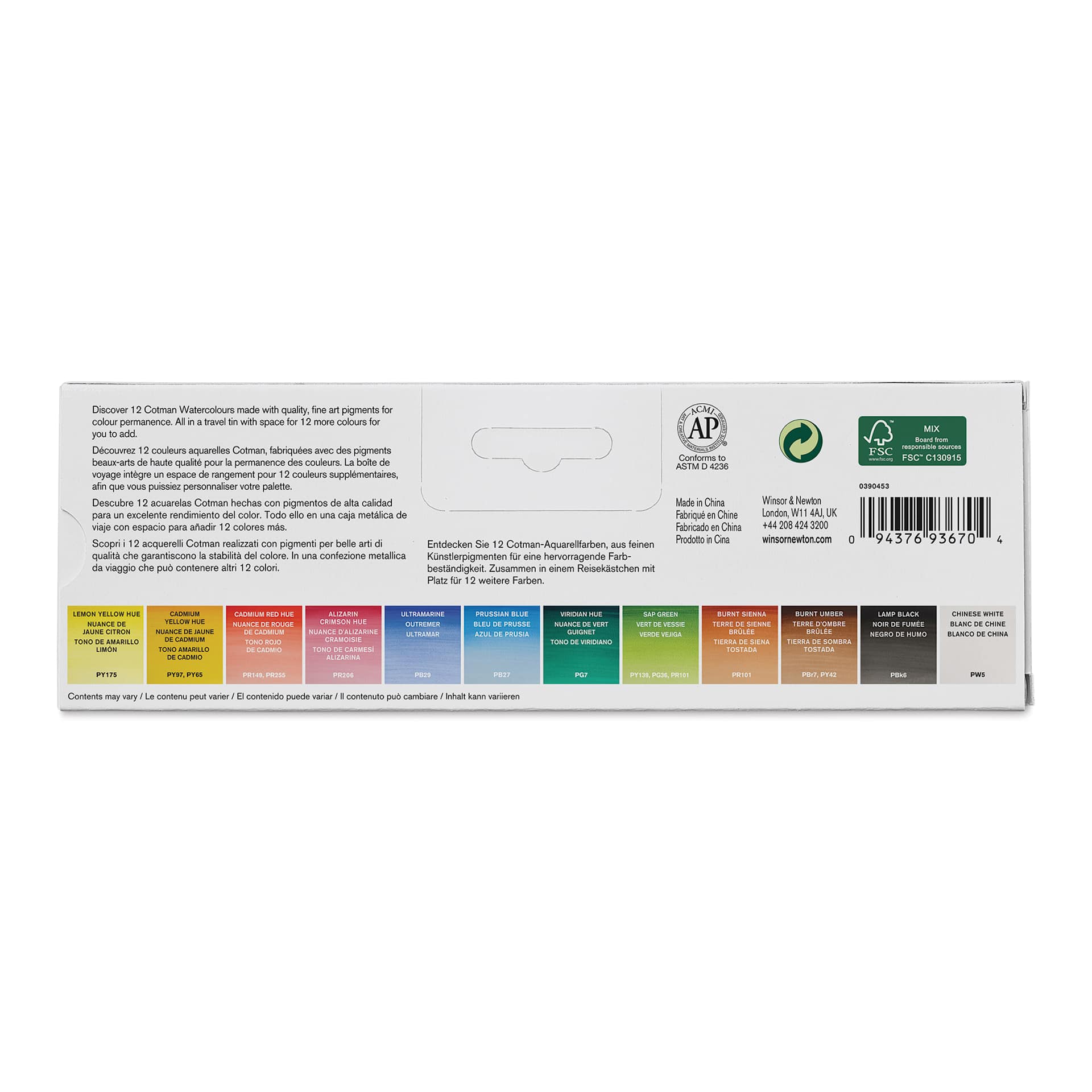 Winsor & Newton Cotman Watercolor Set - Customizable Travel Tin, Set of 12, Assorted Colors, Half Pans (Back of packaging)