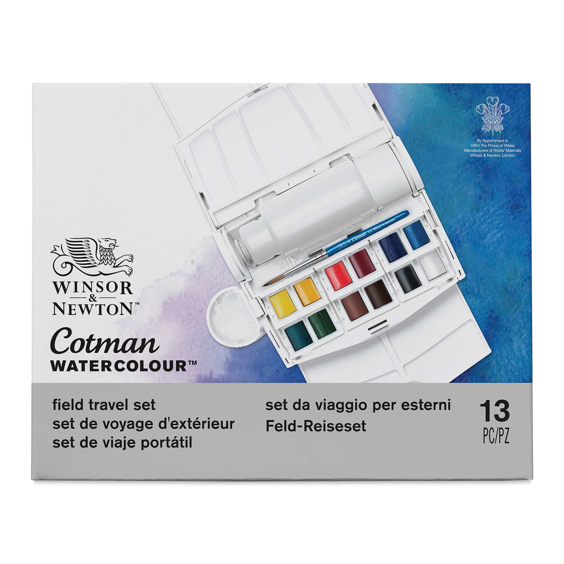 Winsor & Newton Cotman Watercolor Set - Field Travel Set, Set of 12, Assorted Colors, Half Pans (Front of packaging)