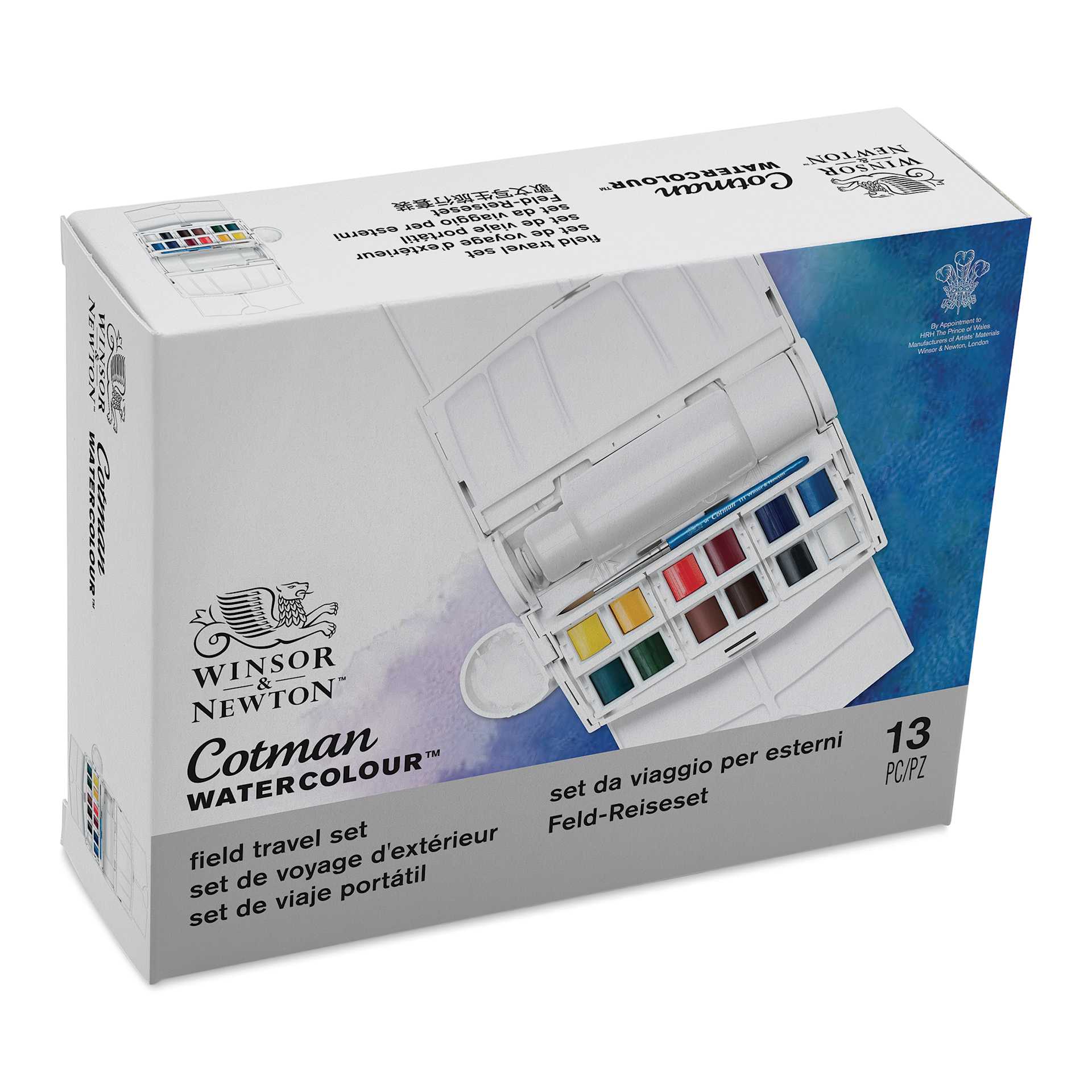 Winsor & Newton Cotman Watercolor Set - Field Travel Set, Set of 12, Assorted Colors, Half Pans (Front of packaging, Angled view)