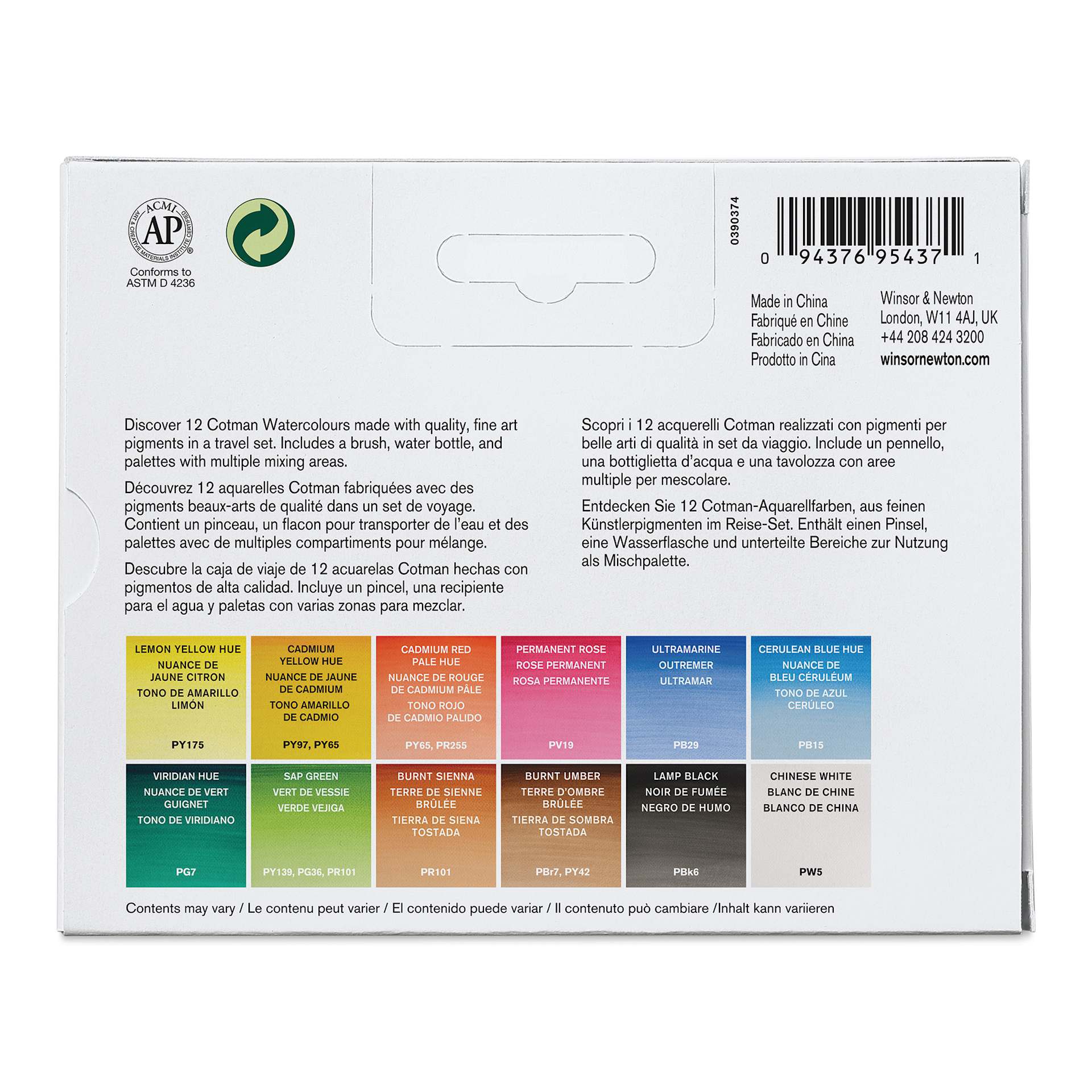 Winsor & Newton Cotman Watercolor Set - Field Travel Set, Set of 12, Assorted Colors, Half Pans (Back of packaging)