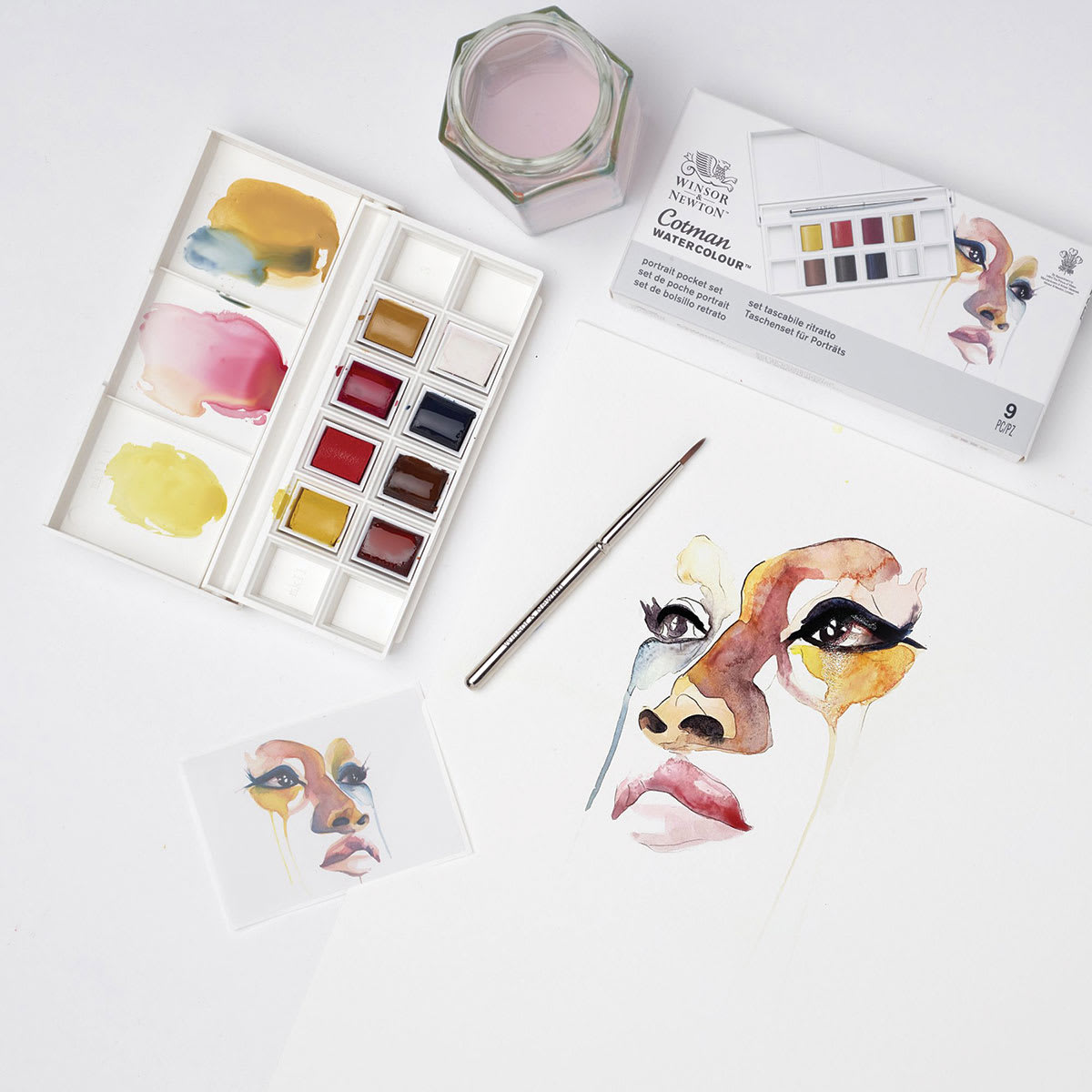 Winsor & Newton Cotman Watercolor Set - Portrait Pocket Set, Set of 8, Half Pans (Open set shown with sample portrait artwork) Winsor & Newton Cotman Watercolor Set - Portrait Pocket Set, Set of 8, Half Pans (Open set shown with sample portrait artwork)
