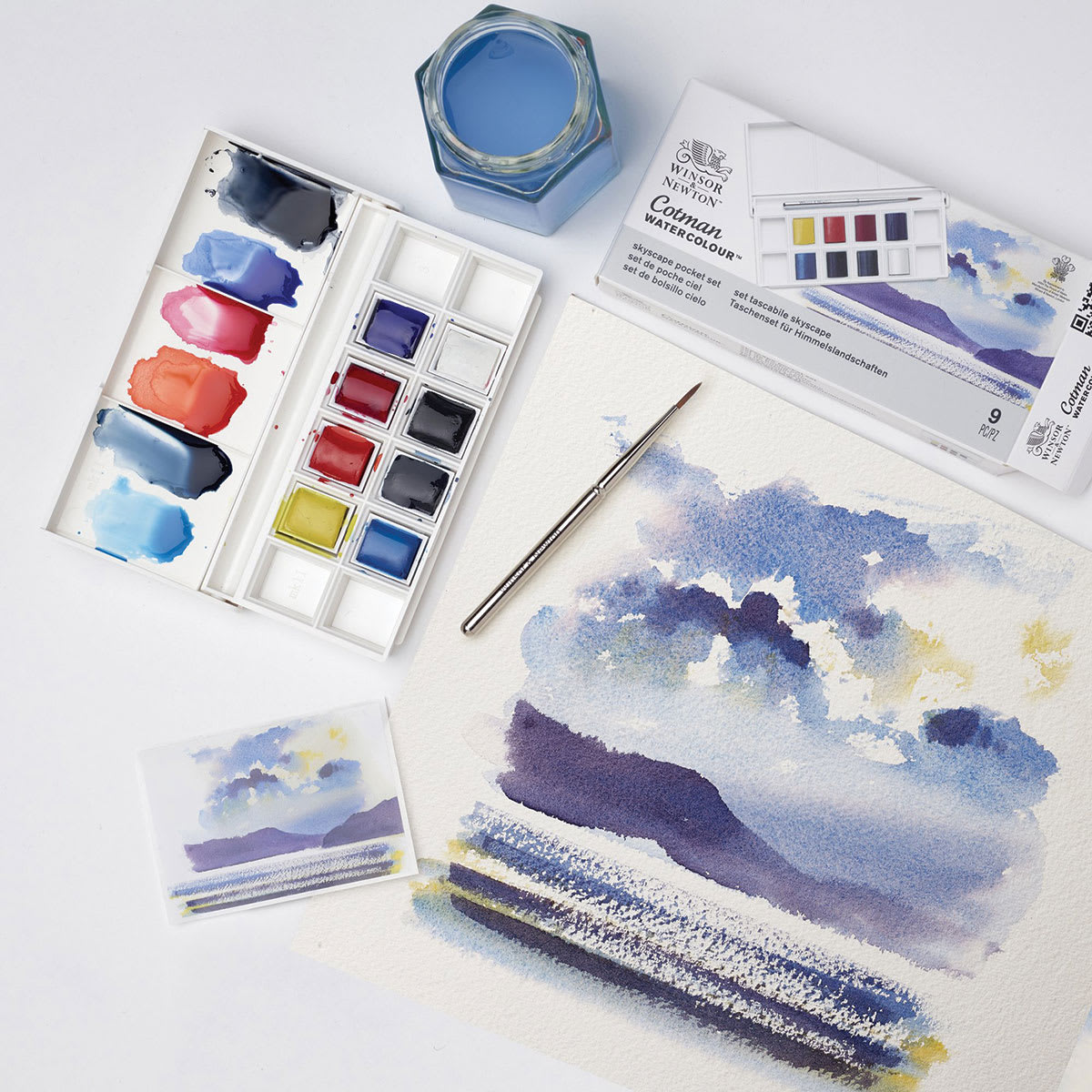 Winsor & Newton Cotman Watercolor Set - Skyscape Pocket Set, Set of 8, Half Pans (Pocket set shown with sample sky artwork)