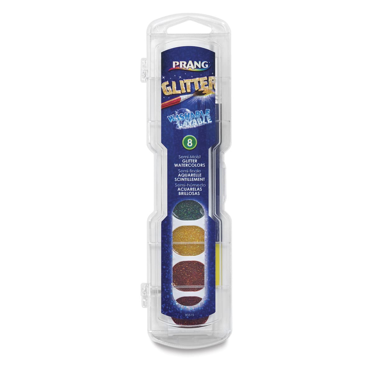 Prang Washable Watercolors - Oval Pans, Glitter, Set of 8, front of packaging