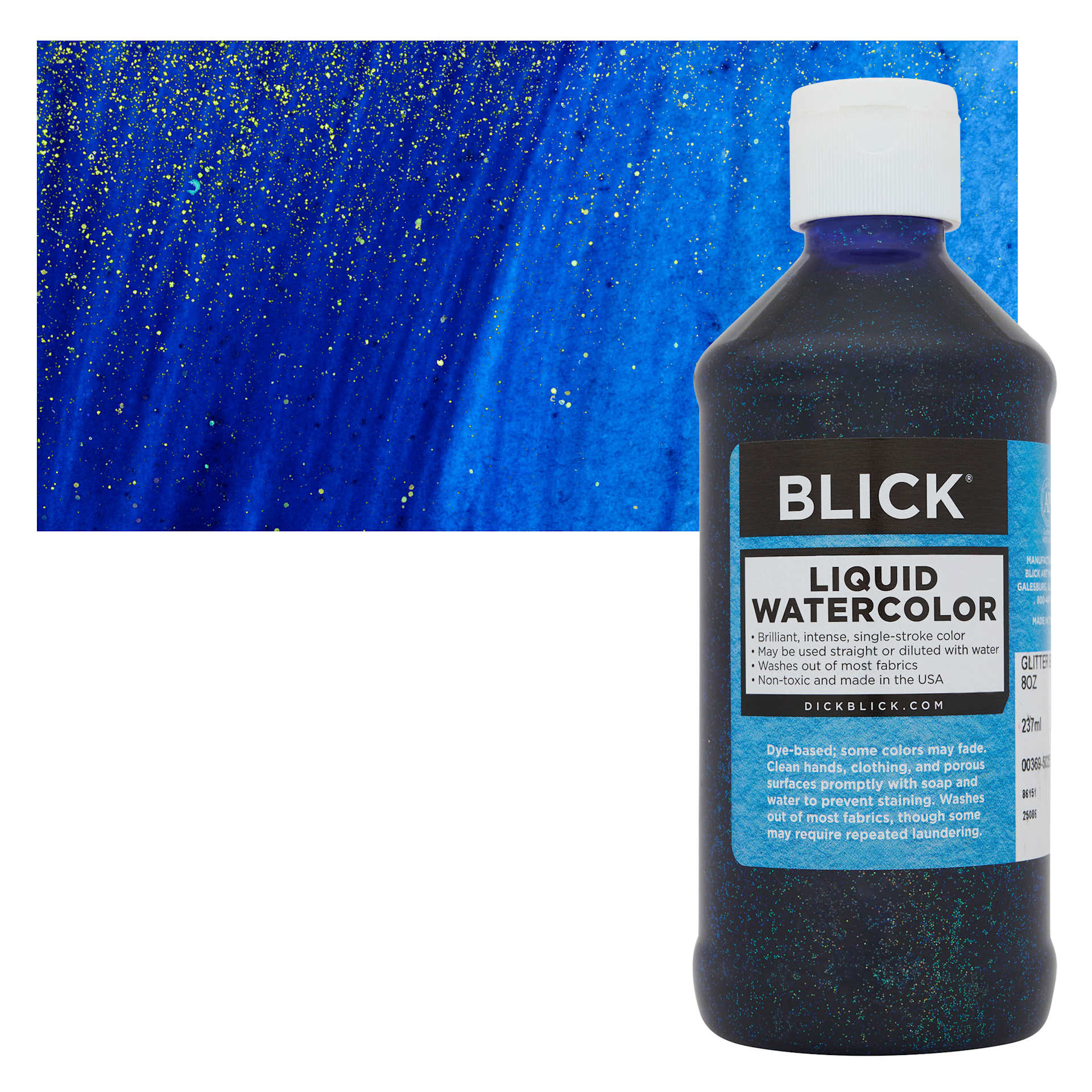 Blick Liquid Watercolors - Glitter Blue, 8 oz bottle and swatch