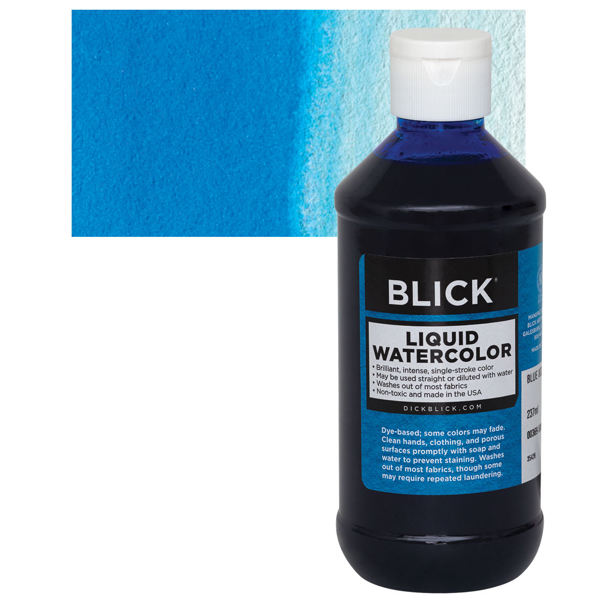 Blick Liquid Watercolor - Blue, 8 oz bottle and swatch