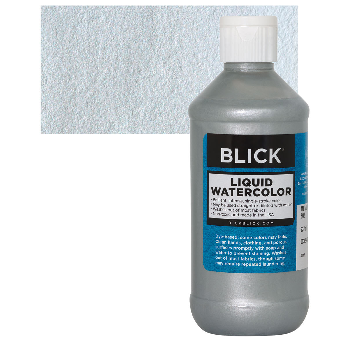 Blick Liquid Watercolor - Metallic Silver, 8 oz bottle and swatch Blick Liquid Watercolor - Metallic Silver, 8 oz bottle and swatch