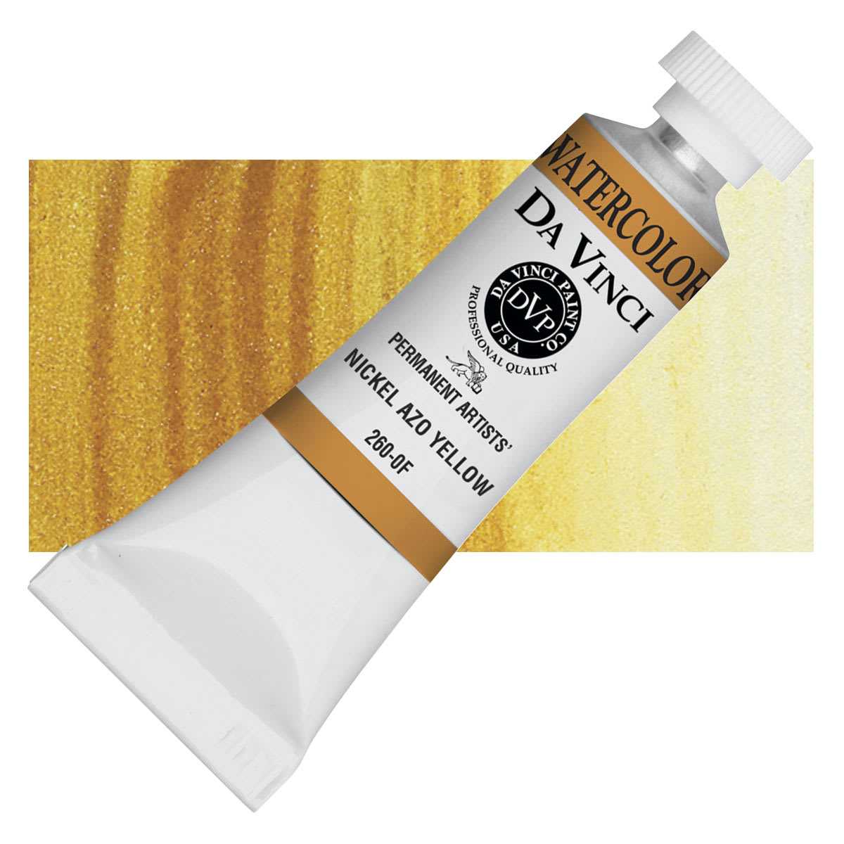Da Vinci Artists' Permanent Watercolor - Nickel Azo Yellow, 15 ml tube and swatch Da Vinci Artists' Permanent Watercolor - Nickel Azo Yellow, 15 ml tube and swatch