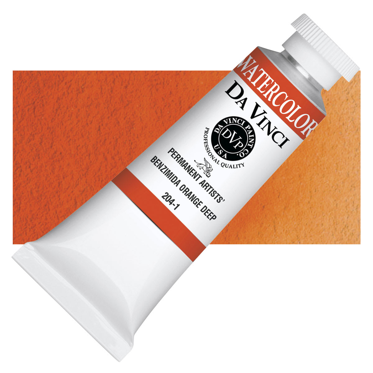Da Vinci Artists' Permanent Watercolor - Benzimida Orange Deep, 37 ml tube and swatch