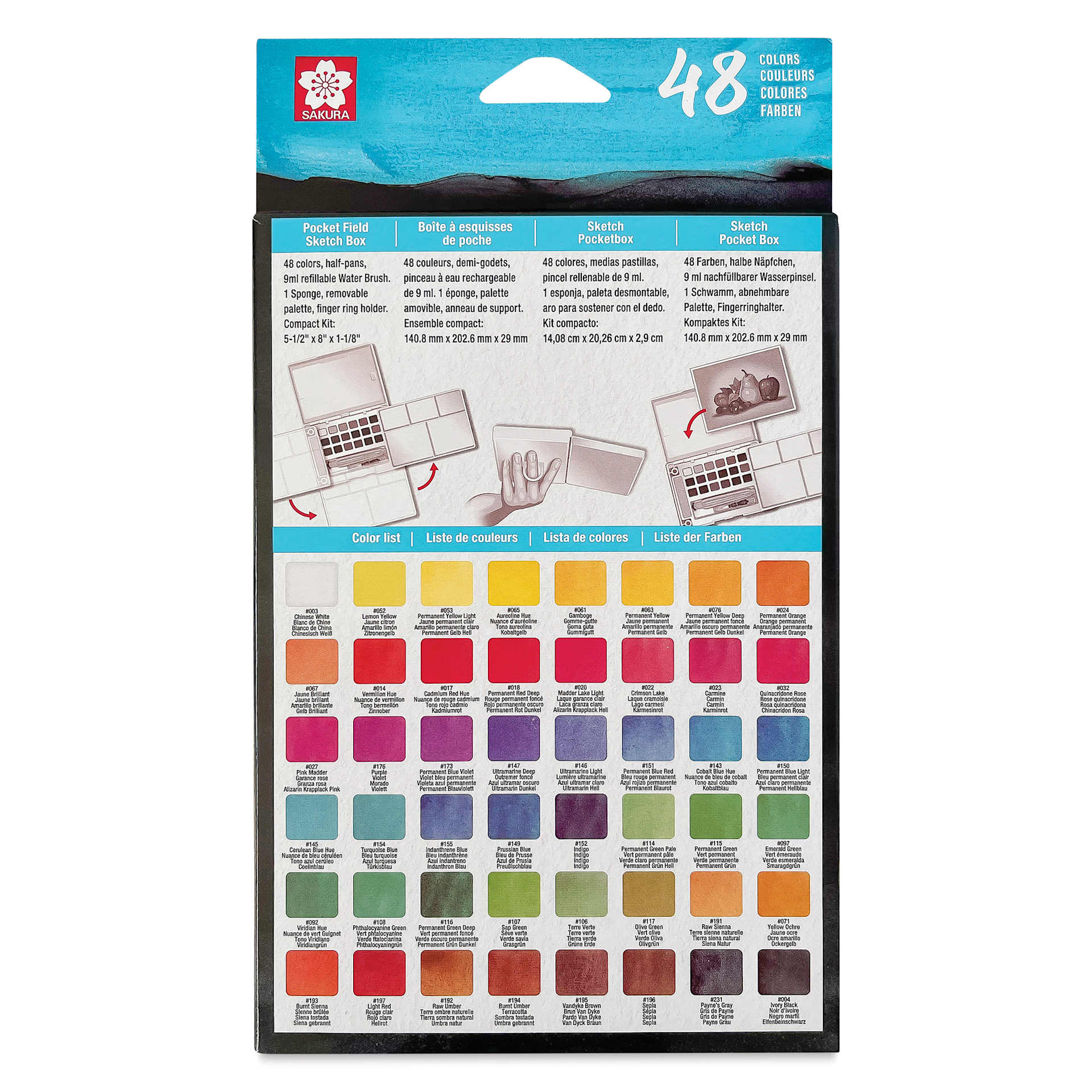 Sakura Koi Watercolor Half Pan - Set of 48 Sketch Box, Assorted Colors box back