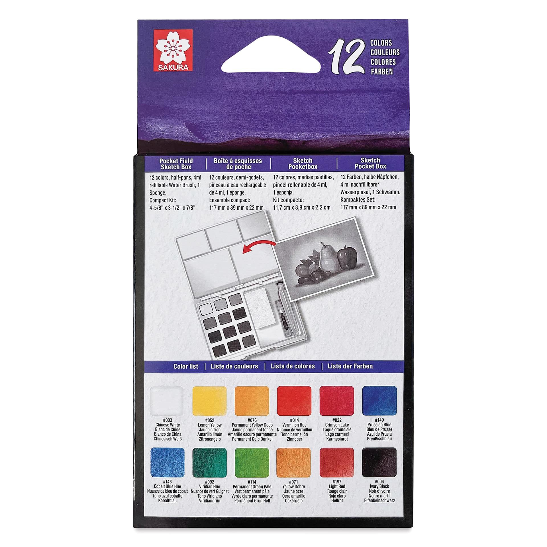 Sakura Koi Watercolor Half Pan - Set of 12 Sketch Box, Assorted Colors box back