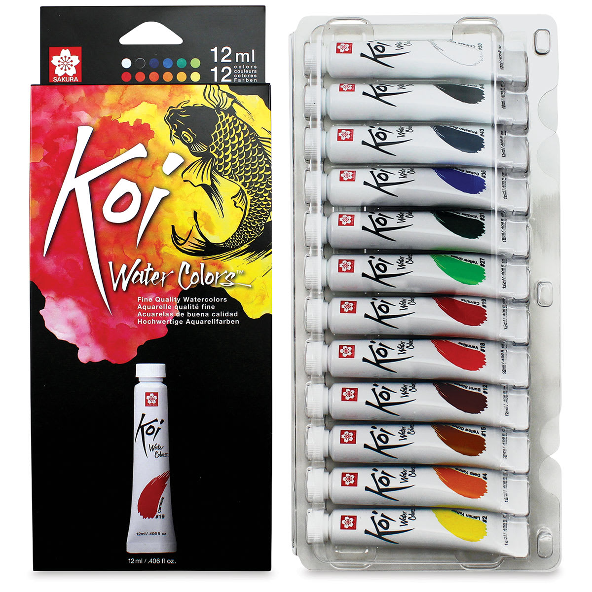 Sakura Koi Watercolor - Set of 12, Assorted Colors, 12 ml, Tubes (Front of packaging shown with tubes in tray) Sakura Koi Watercolor - Set of 12, Assorted Colors, 12 ml, Tubes (Front of packaging shown with tubes in tray)