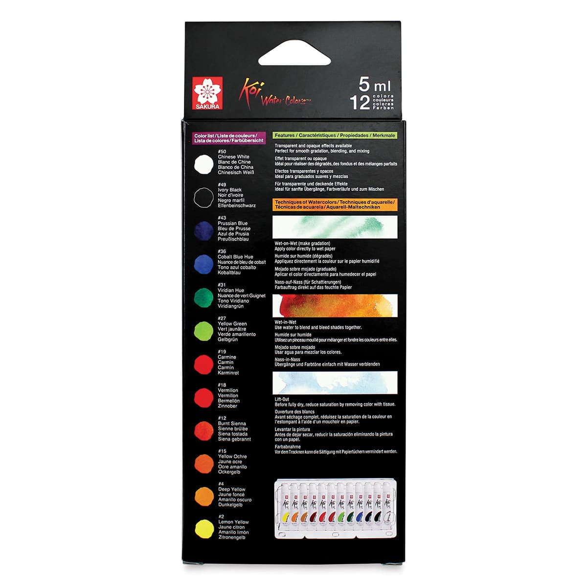Sakura Koi Watercolor - Set of 12, Assorted Colors, 5 ml, Tubes (Back of packaging)