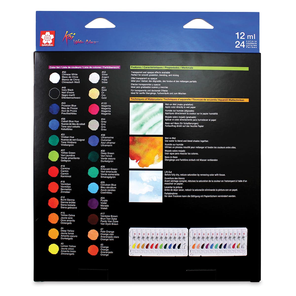  Sakura Koi Watercolor - Set of 24, Assorted Colors, 12 ml, Tubes (Back of packaging)