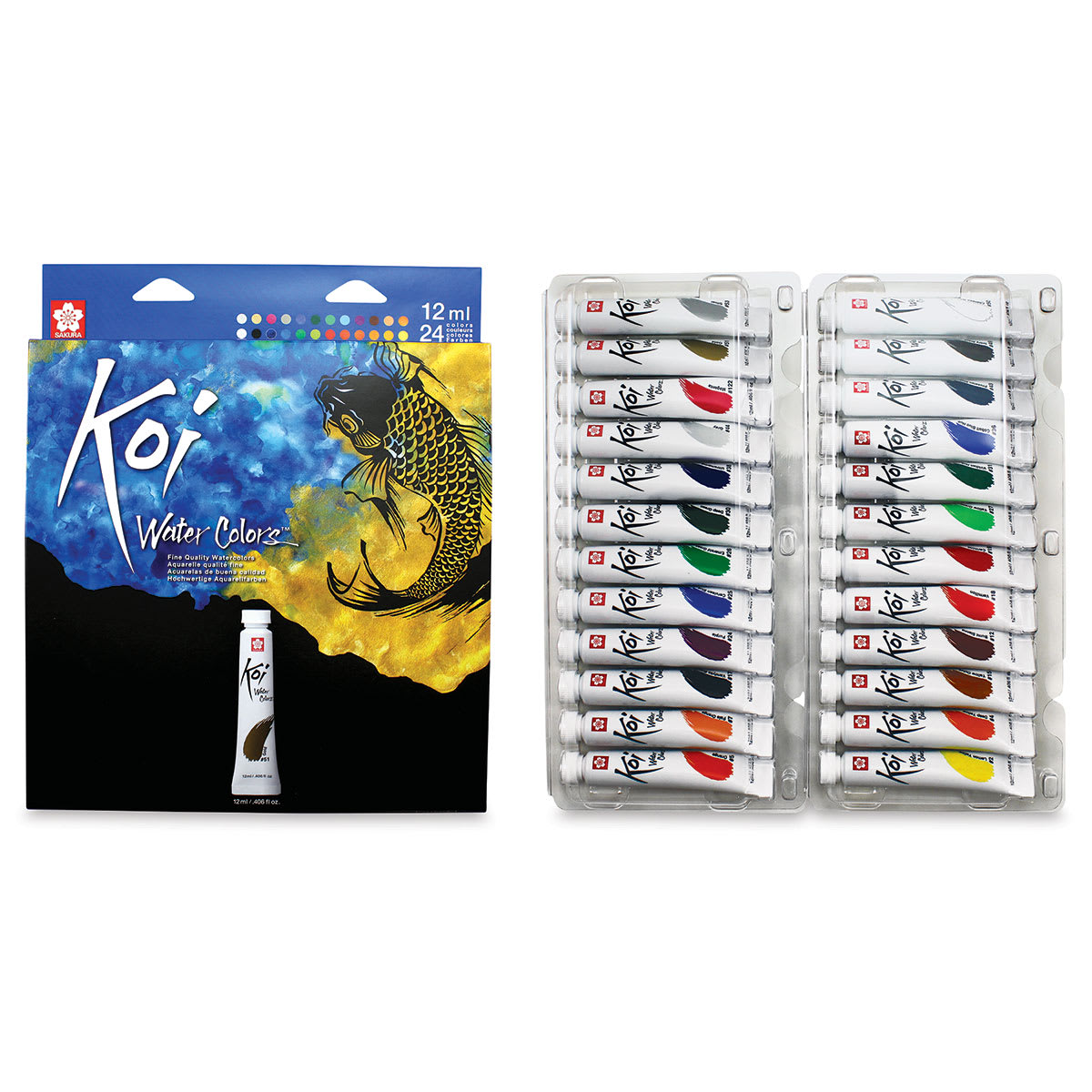  Sakura Koi Watercolor - Set of 24, Assorted Colors, 12 ml, Tubes (Front of packaging shown with tubes in tray)