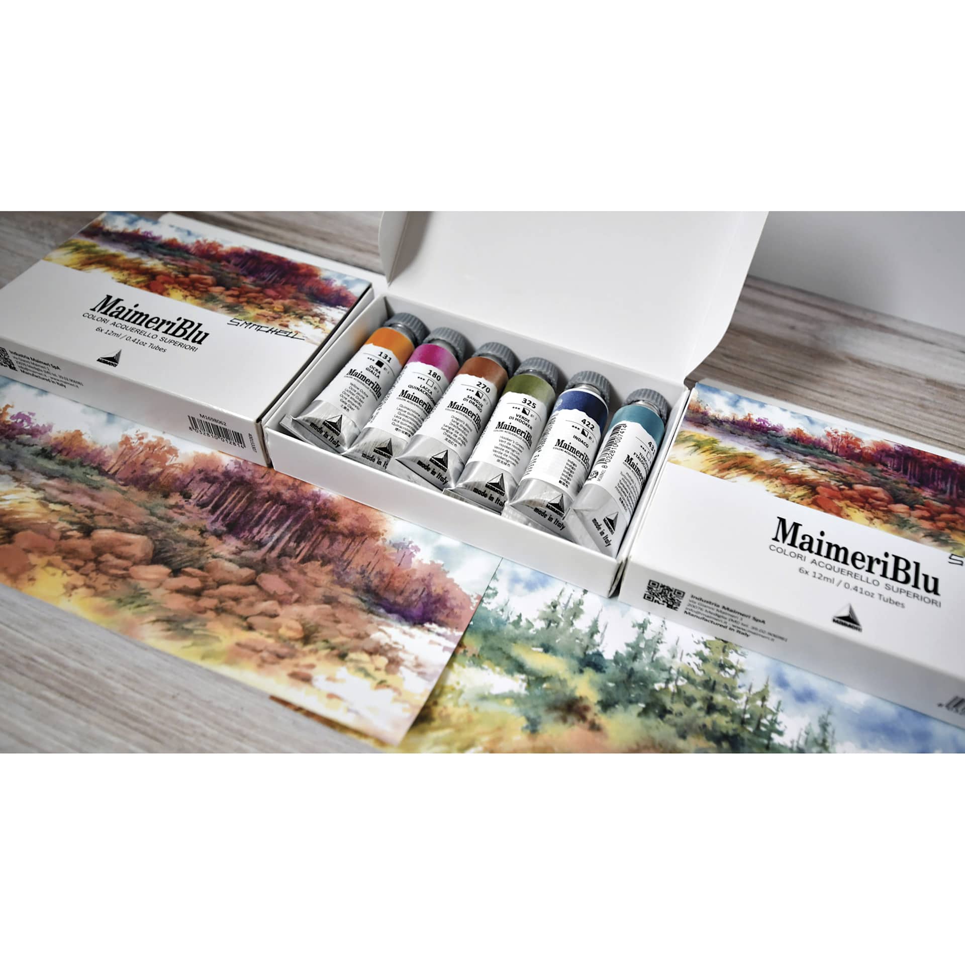 Maimeri Blu Artist Watercolor - Set of 6, Steve Mitchell Colors, 12 ml Tubes with sample landscape paintings