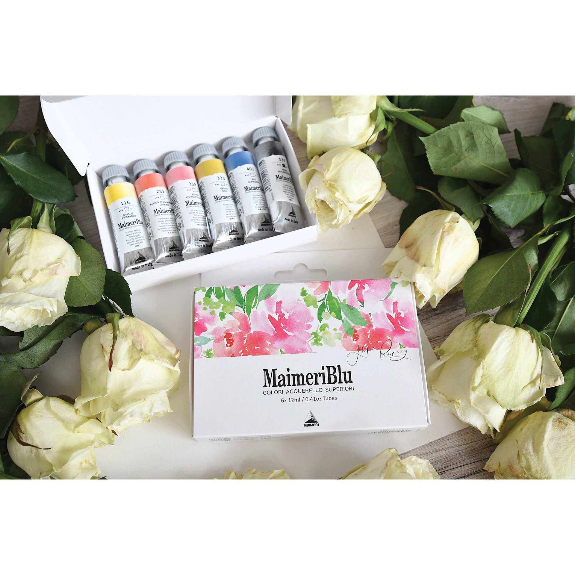 Maimeri Blu Artist Watercolor - Jenna Rainey Colors, Set of 6, Tubes box shown both open and closed