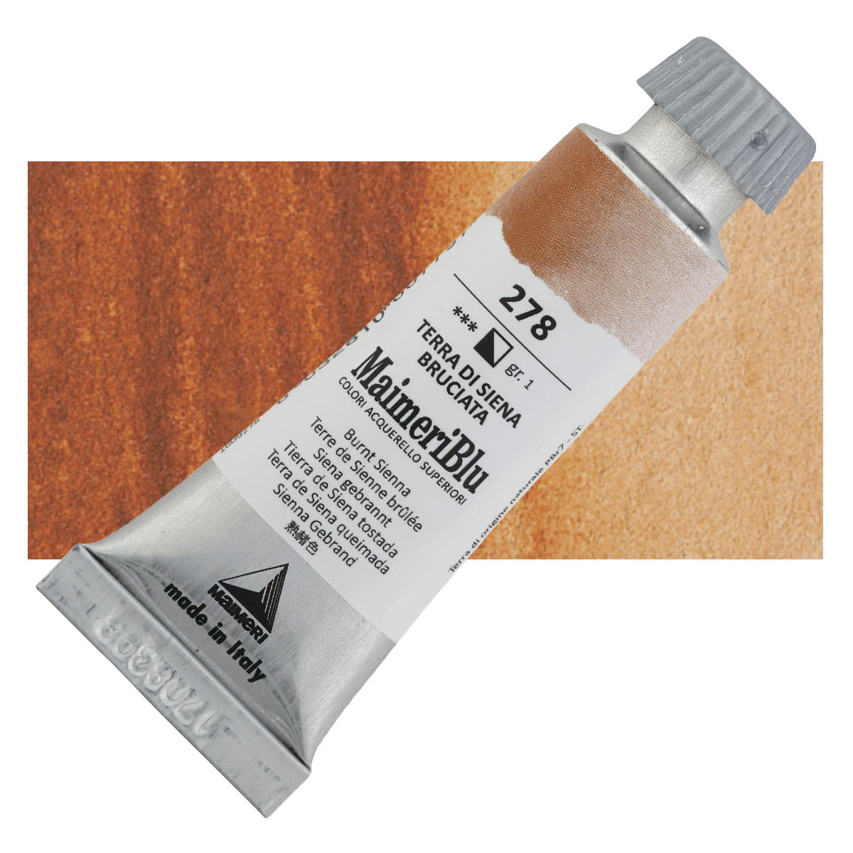 Maimeri Blu Artist Watercolor - Burnt Sienna, 12 ml Tube and swatch