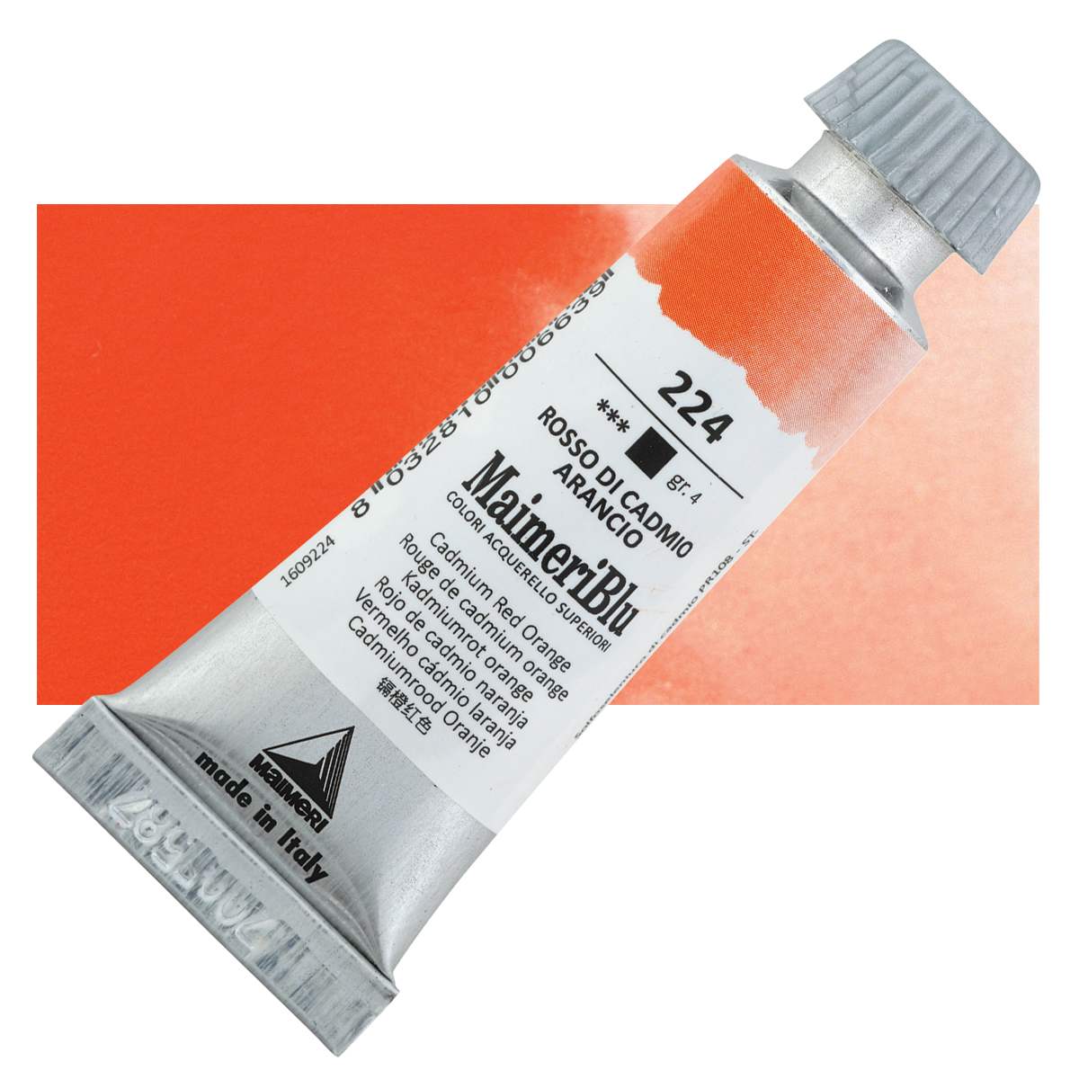 Maimeri Blu Artist Watercolor - Cadmium Red Orange, 12 ml Tube and swatch