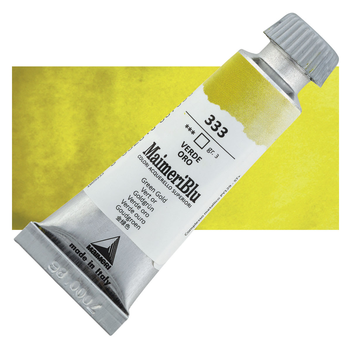 Maimeri Blu Artist Watercolor - Green Gold, 12 ml Tube and swatch
