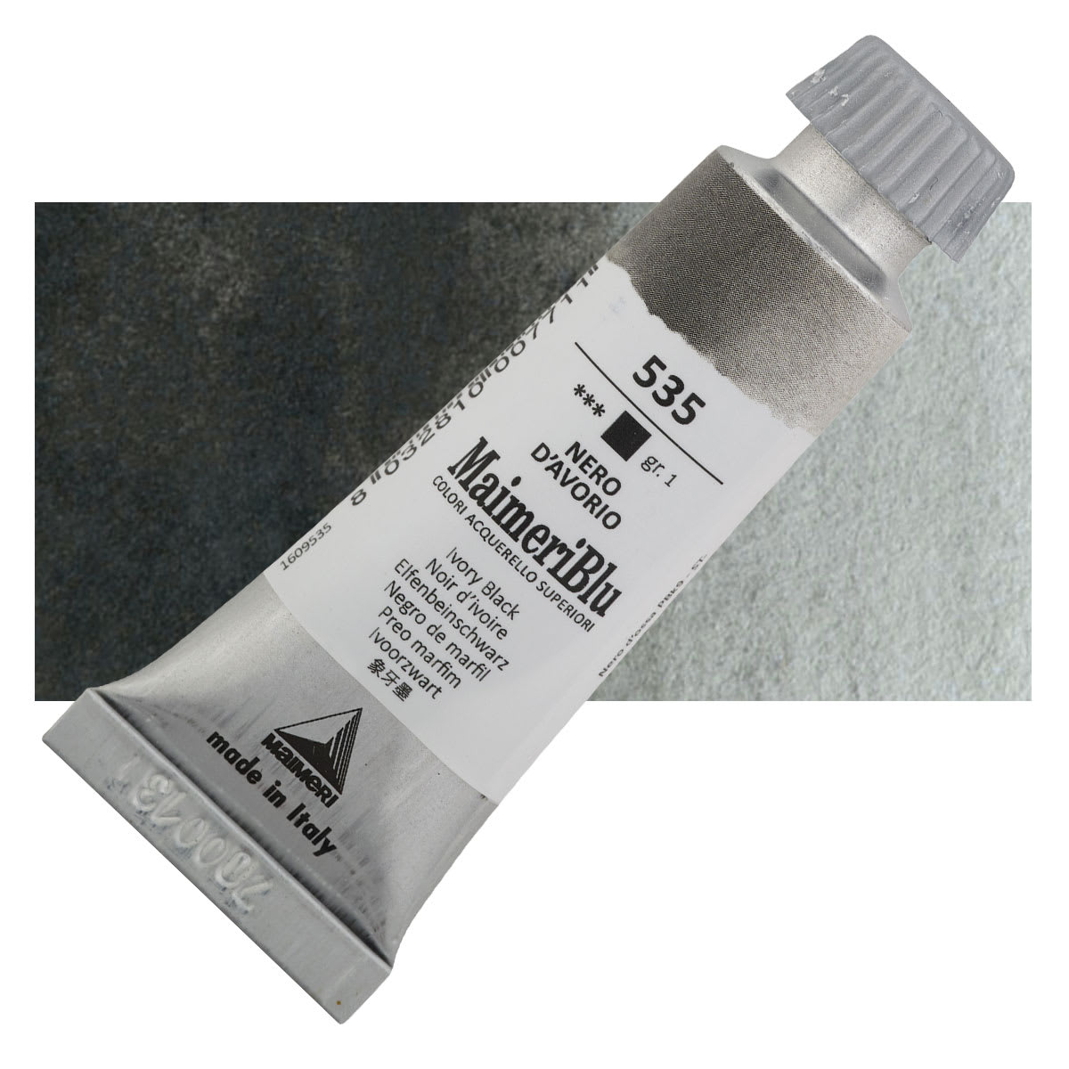Maimeri Blu Artist Watercolor - Ivory Black, 12 ml Tube and swatch