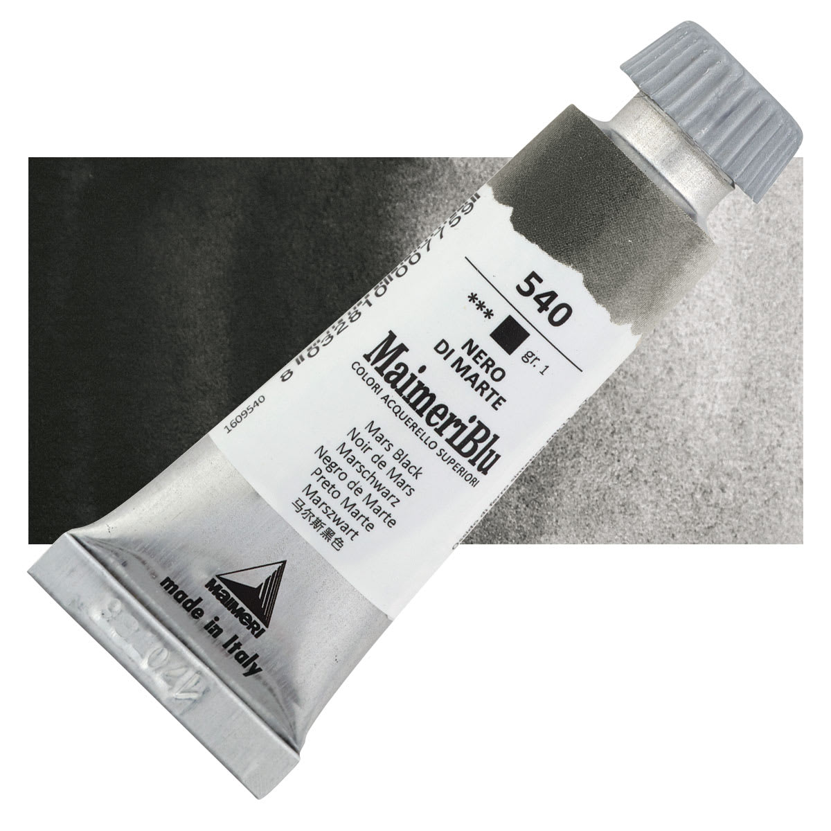 Maimeri Blu Artist Watercolor - Mars Black, 12 ml Tube and swatch