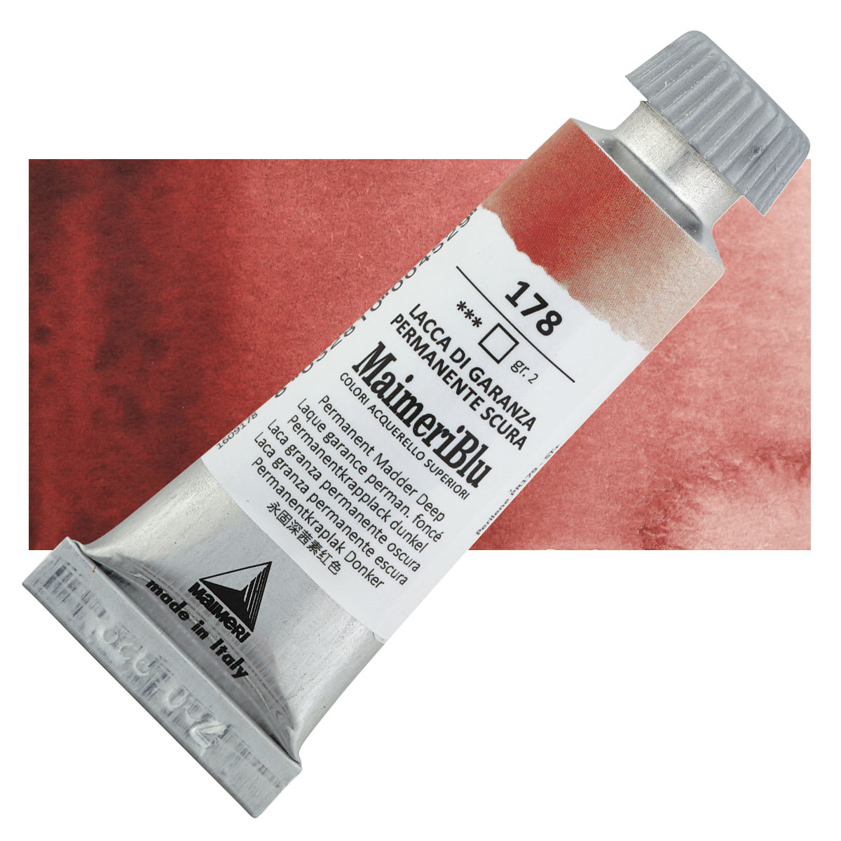 Maimeri Blu Artist Watercolor - Permanent Madder Deep, 12 ml Tube and swatch