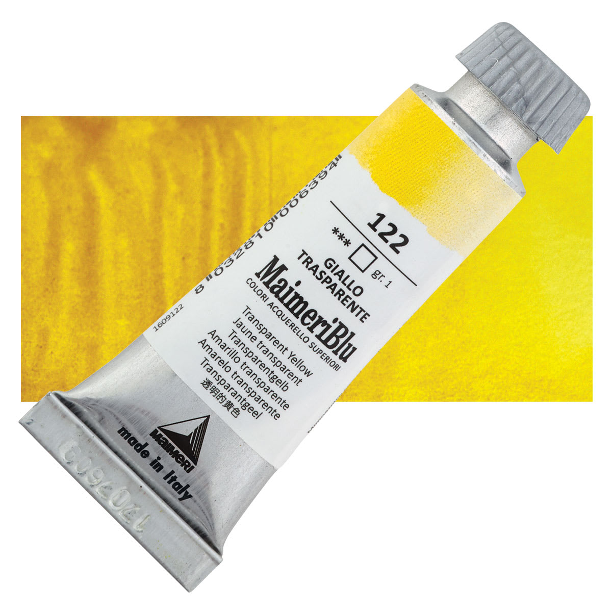 Maimeri Blu Artist Watercolor - Transparent Yellow, 12 ml Tube and swatch