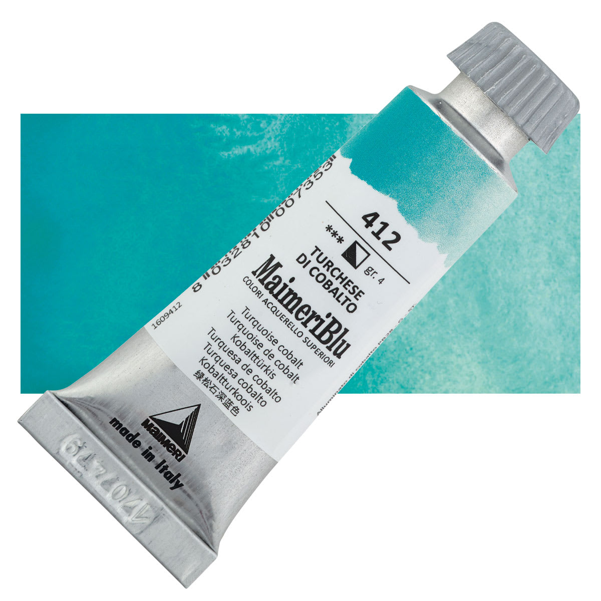 Maimeri Blu Artist Watercolor - Turquoise Cobalt, 12 ml Tube and swatch