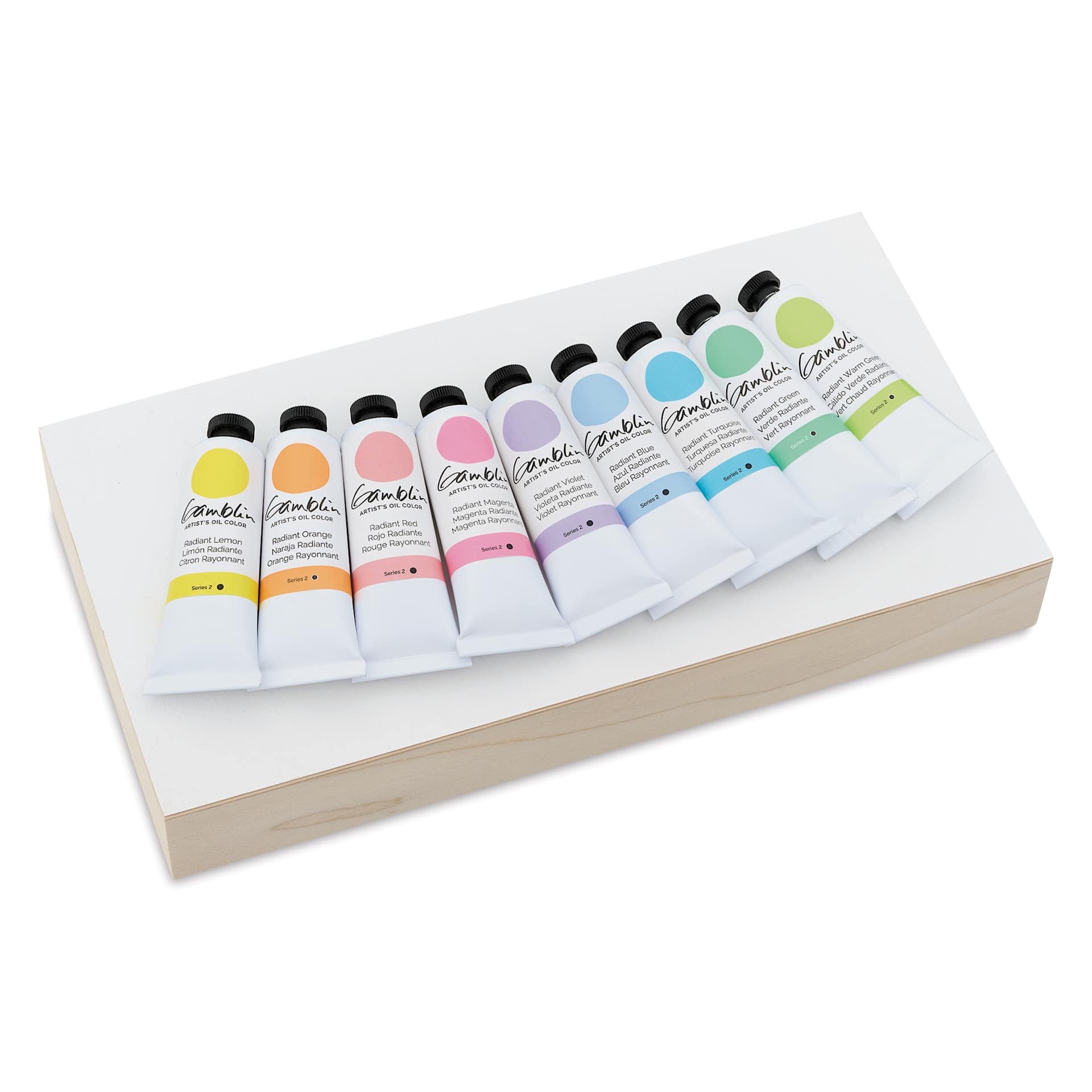 Gamblin Artist's Oil Color - Set of 9, Radiant Colors, 37 ml Tubes on top of panel