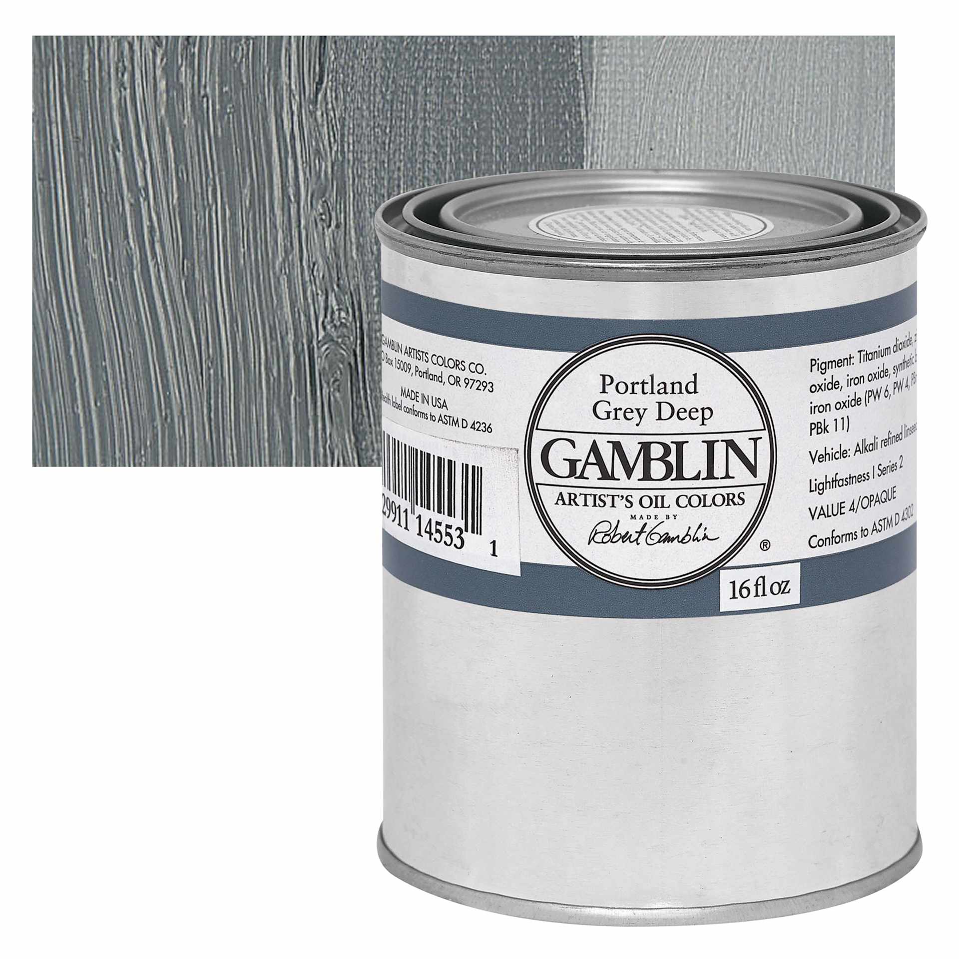 Gamblin Artist's Oil Color - Portland Grey Deep, 16 oz Can and swatch