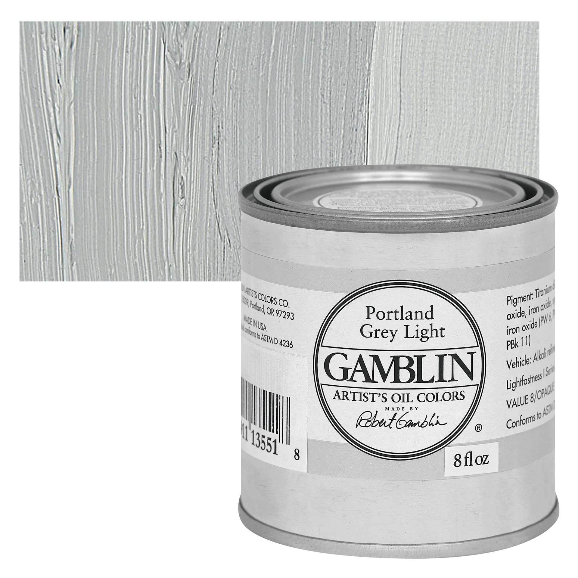 Gamblin Artist's Oil Color - Portland Grey Light, 8 oz Can and swatch