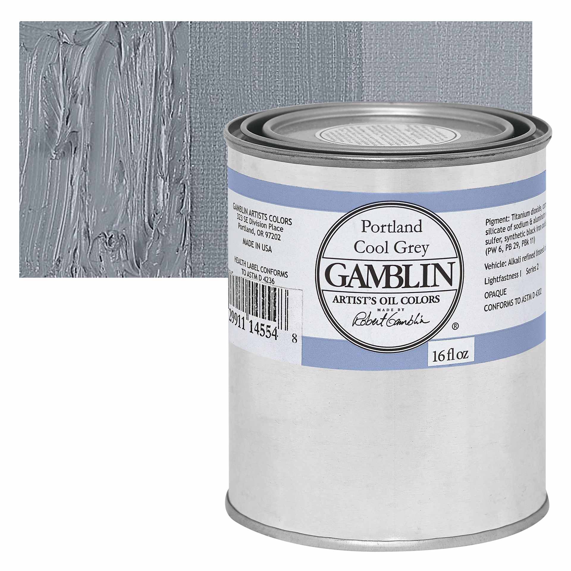 Gamblin Artists' Oil Color - Portland Cool Grey, 16 oz can and swatch