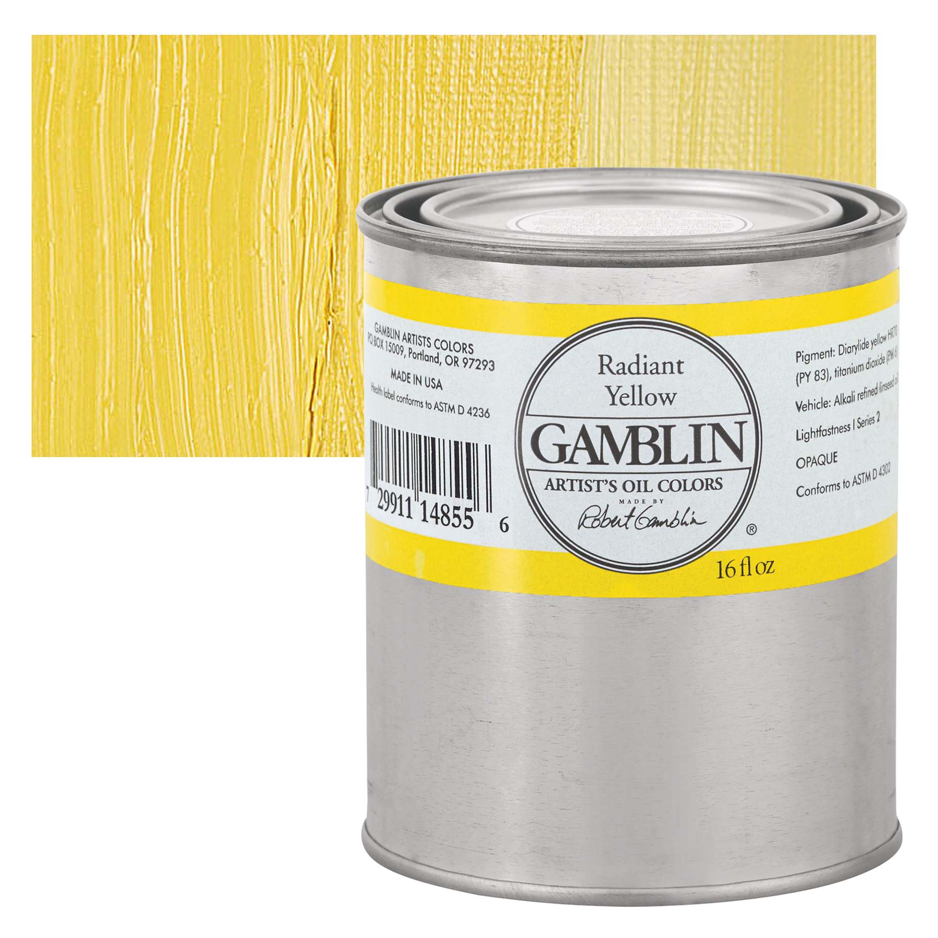 Gamblin Artist's Oil Color - Radiant Yellow, 16 oz Can and swatch
