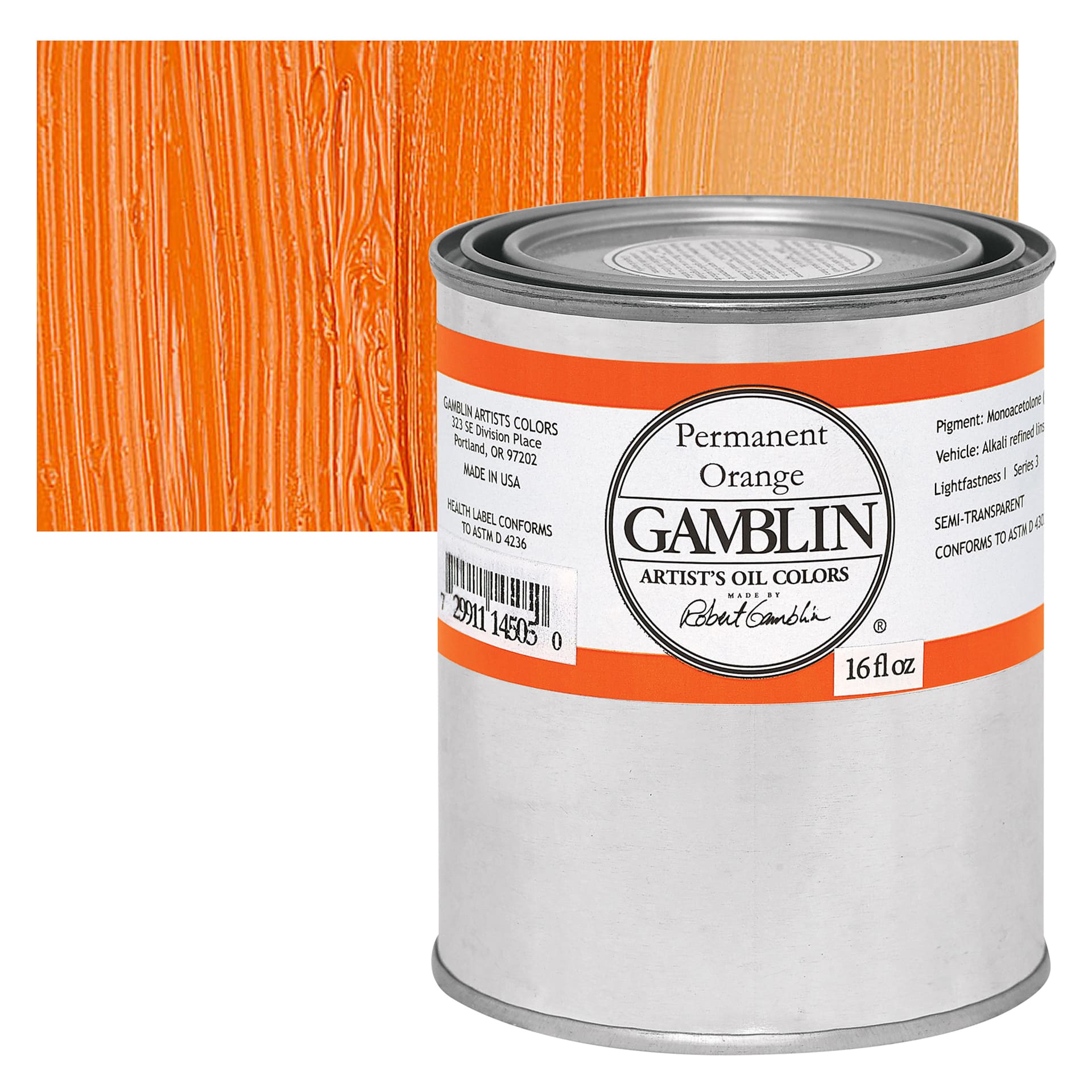 Gamblin Artist's Oil Color - Permanent Orange, 16 oz Can and swatch