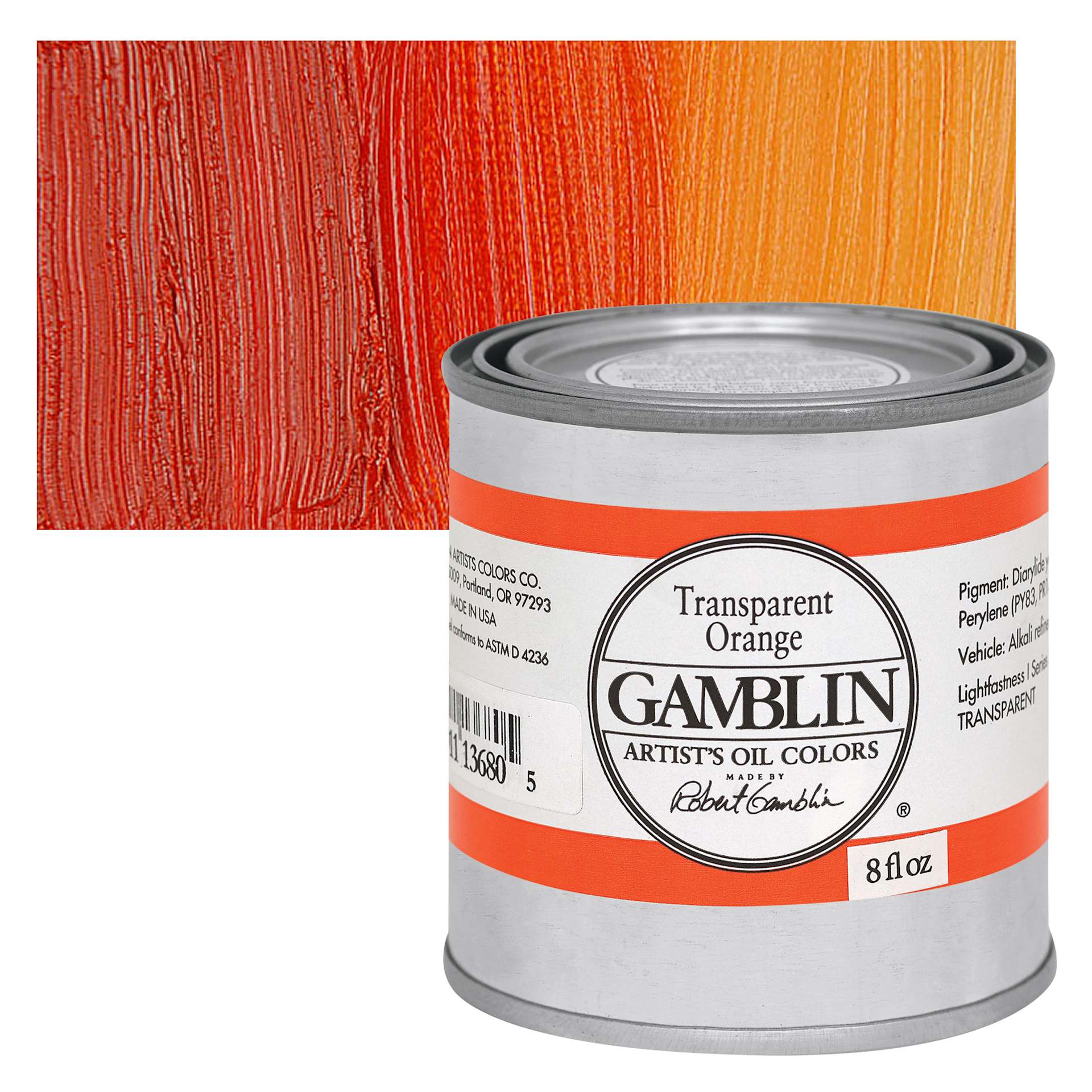 Gamblin Artist's Oil Color - Transparent Orange, 8 oz Can and swatch