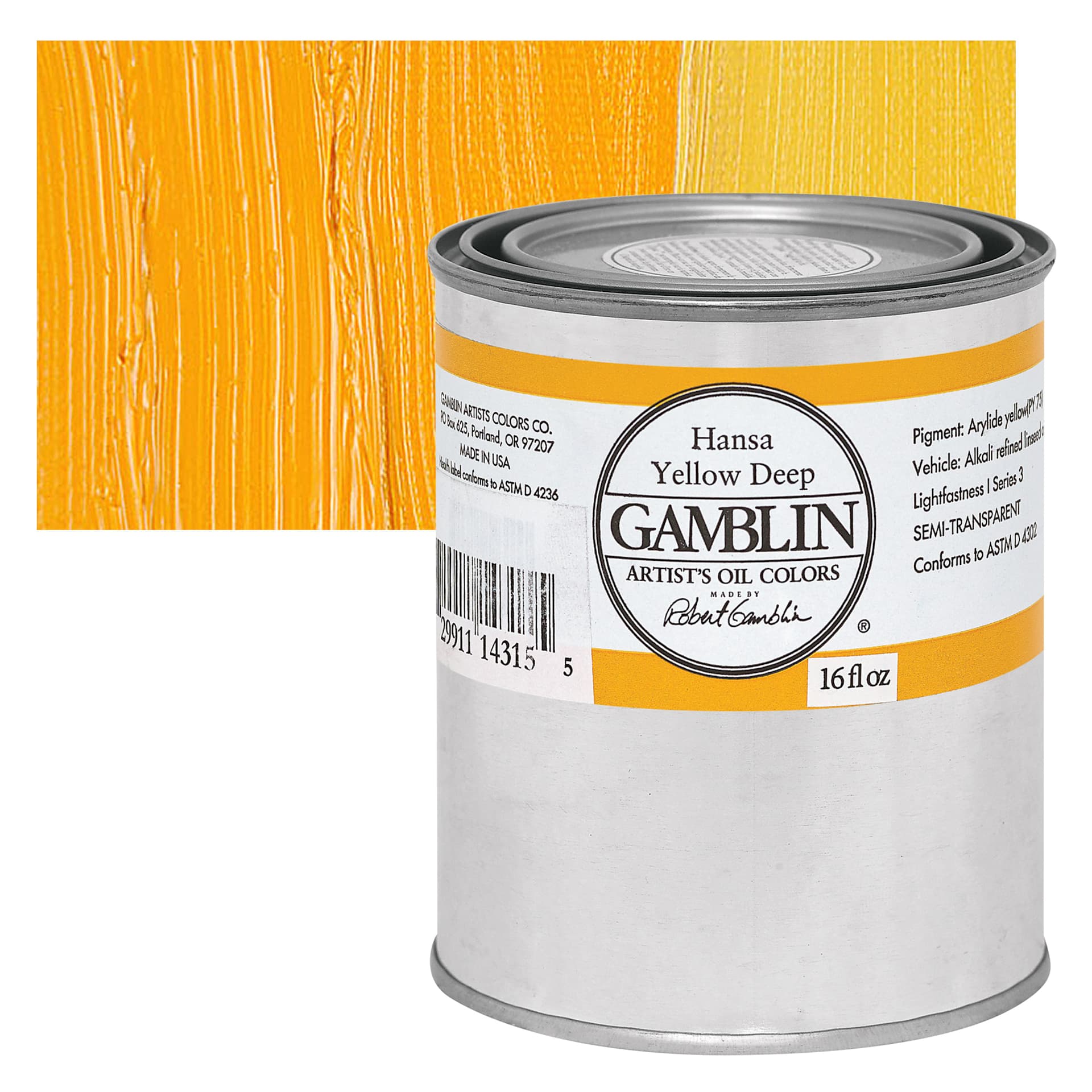 Gamblin Artist's Oil Color - Hansa Yellow Deep, 16 oz Can and swatch