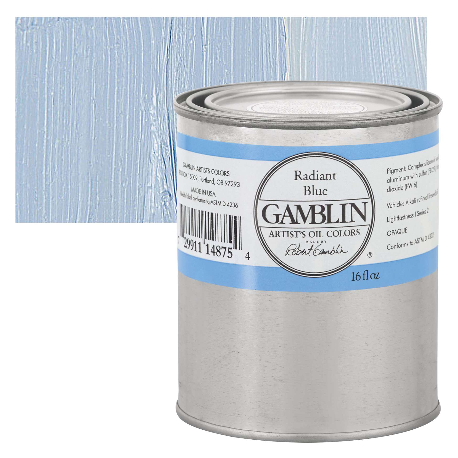 Gamblin Artist's Oil Color - Radiant Blue, 16 oz can and swatch