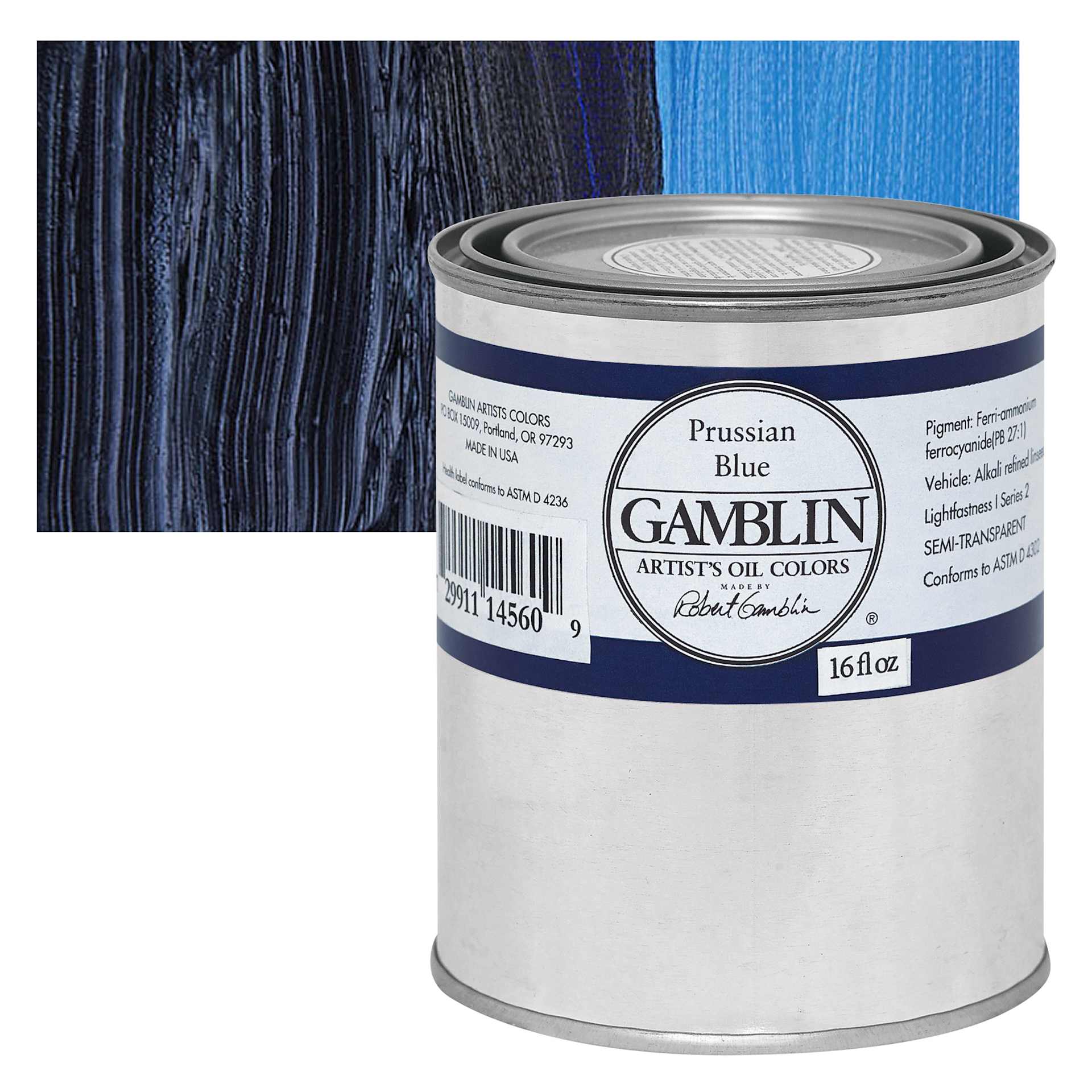 Gamblin Artist's Oil Color - Prussian Blue, 16 oz Can and swatch Gamblin Artist's Oil Color - Prussian Blue, 16 oz Can and swatch