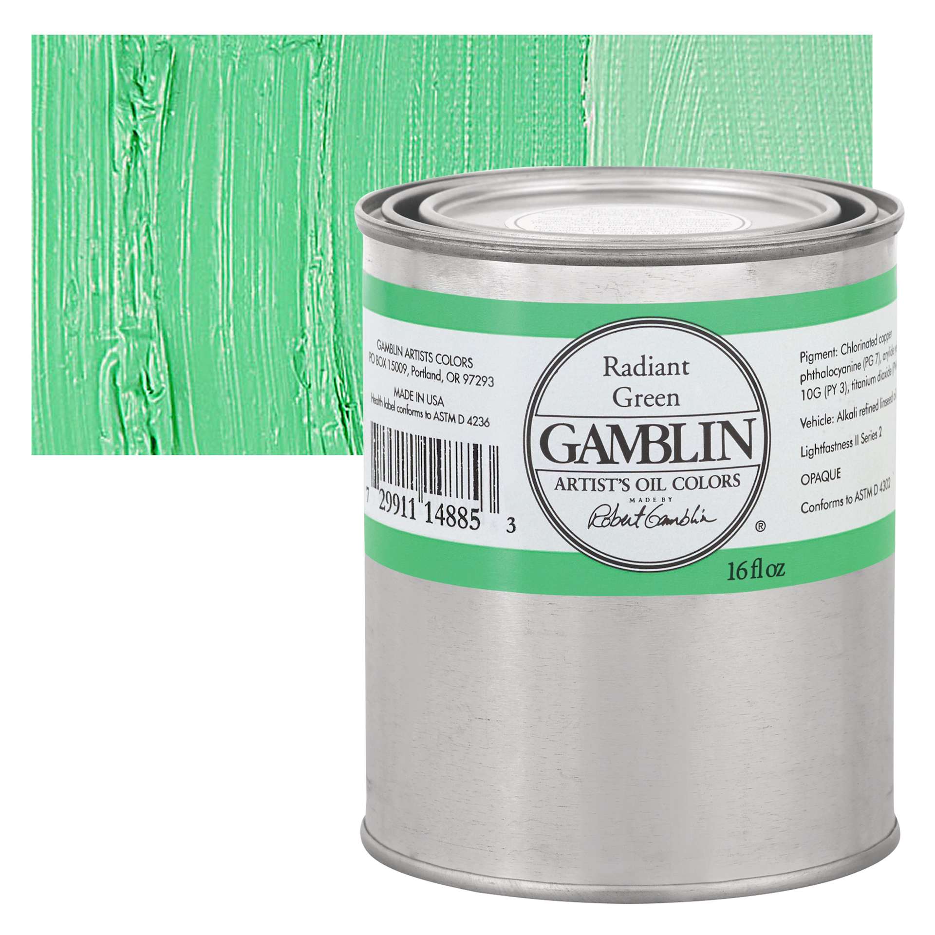 Gamblin Artist's Oil Color - Radiant Green, 16 oz can and swatch