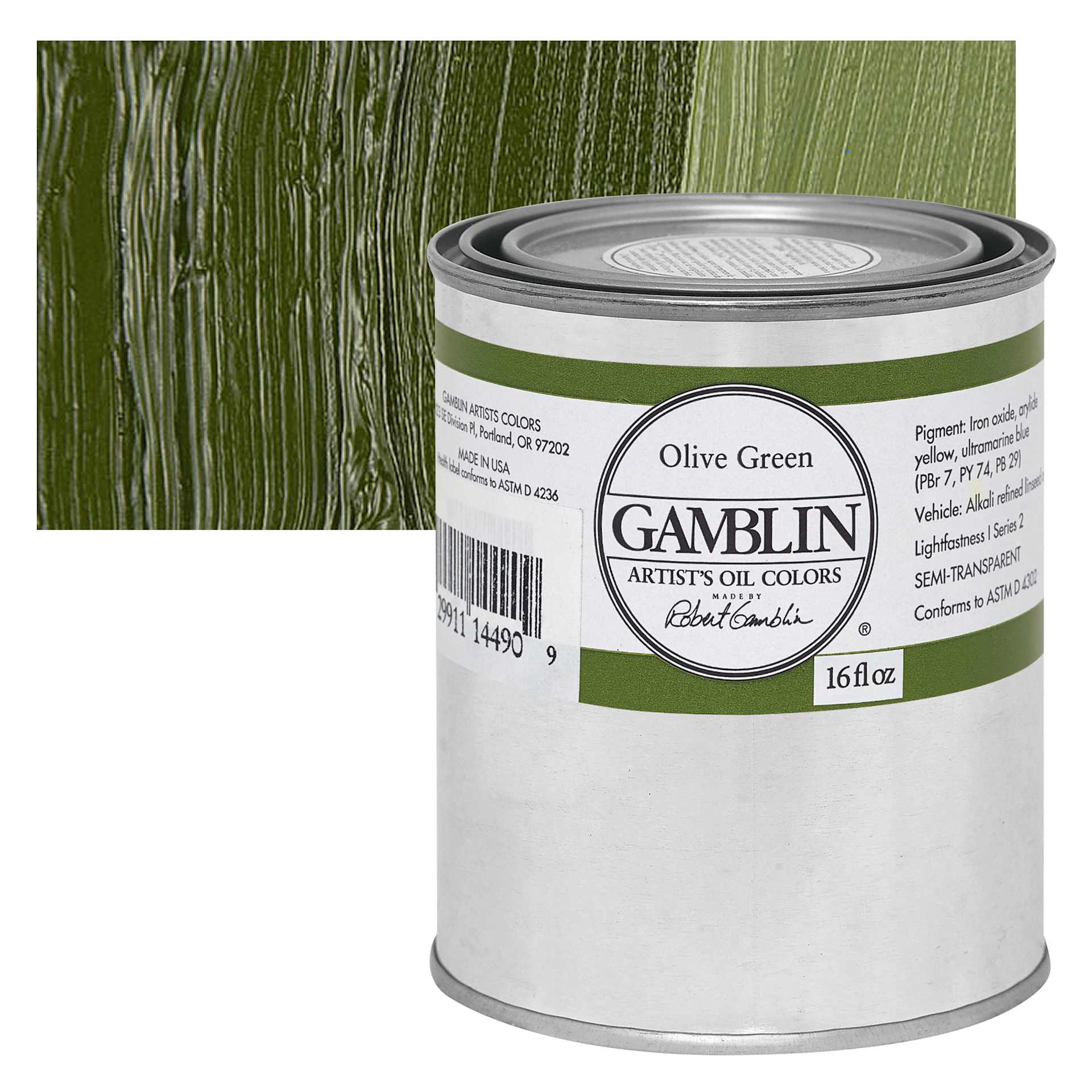 Gamblin Artist's Oil Color - Olive Green, 16 oz Can and swatch