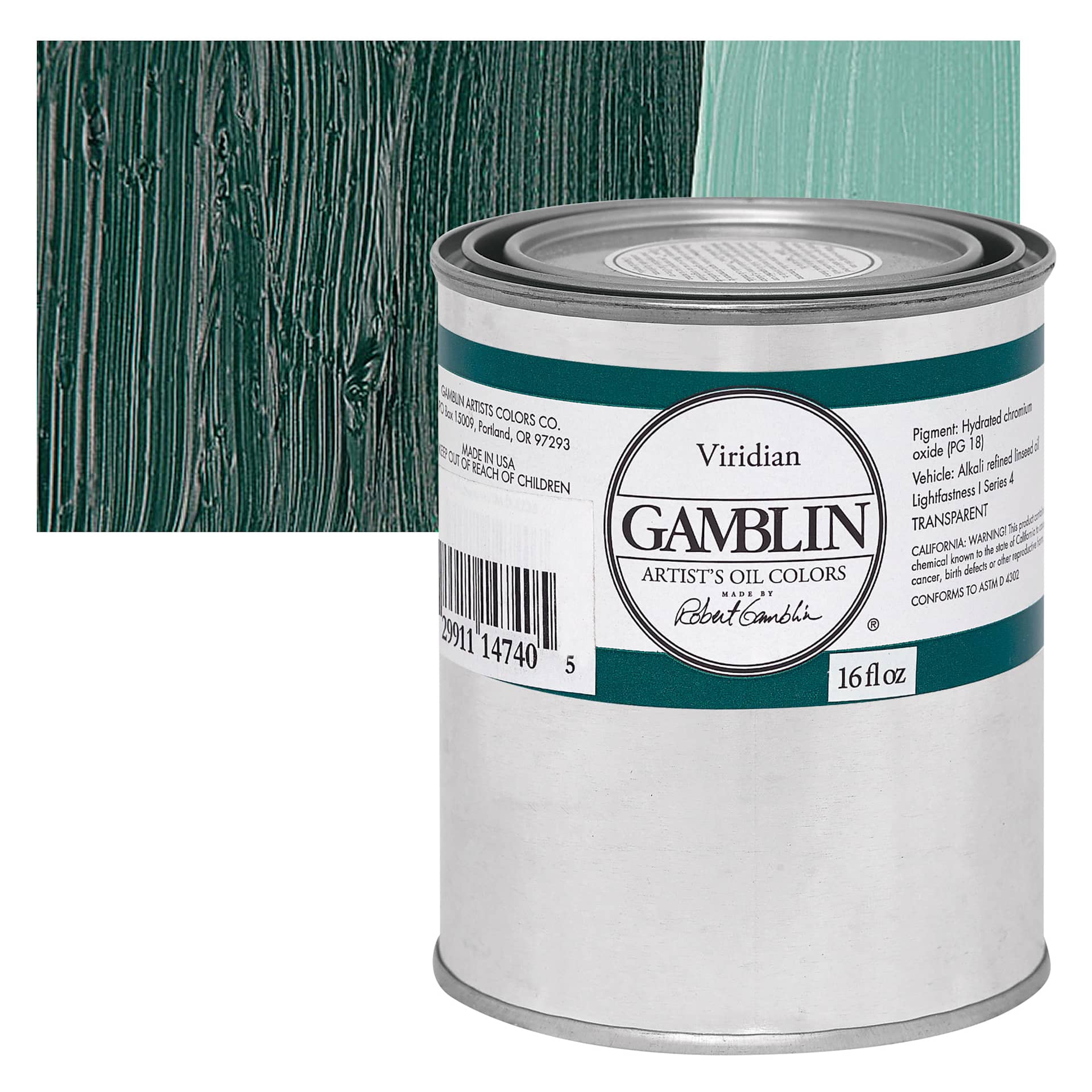 Gamblin Artist's Oil Color - Viridian, 16 oz Can and swatch
