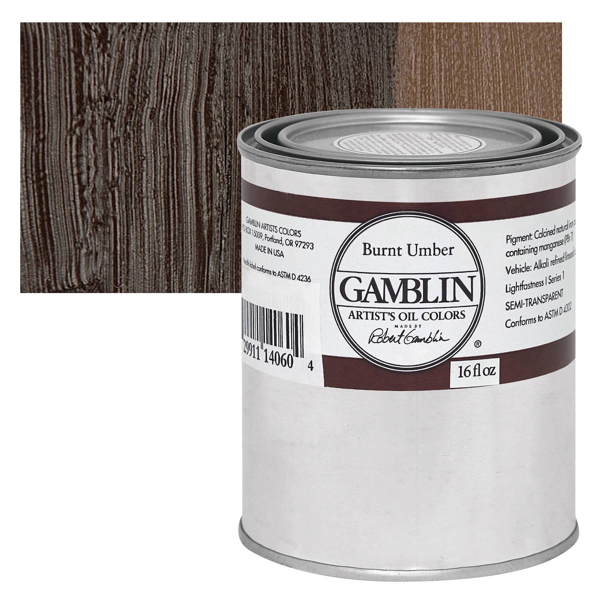 Gamblin Artist's Oil Color - Burnt Umber, 16 oz Can and swatch