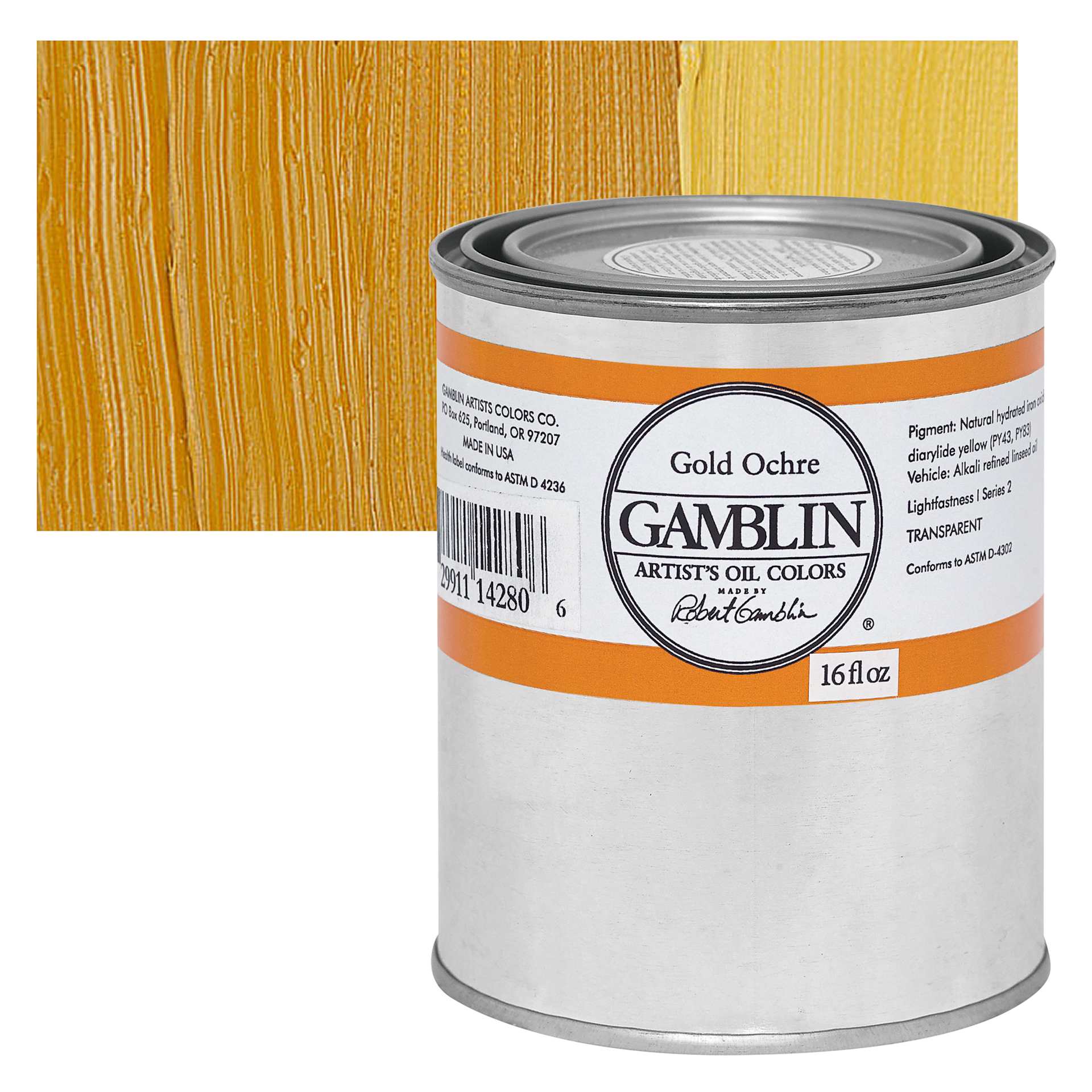 Gamblin Artist's Oil Color - Gold Ochre, 16 oz Can and swatch