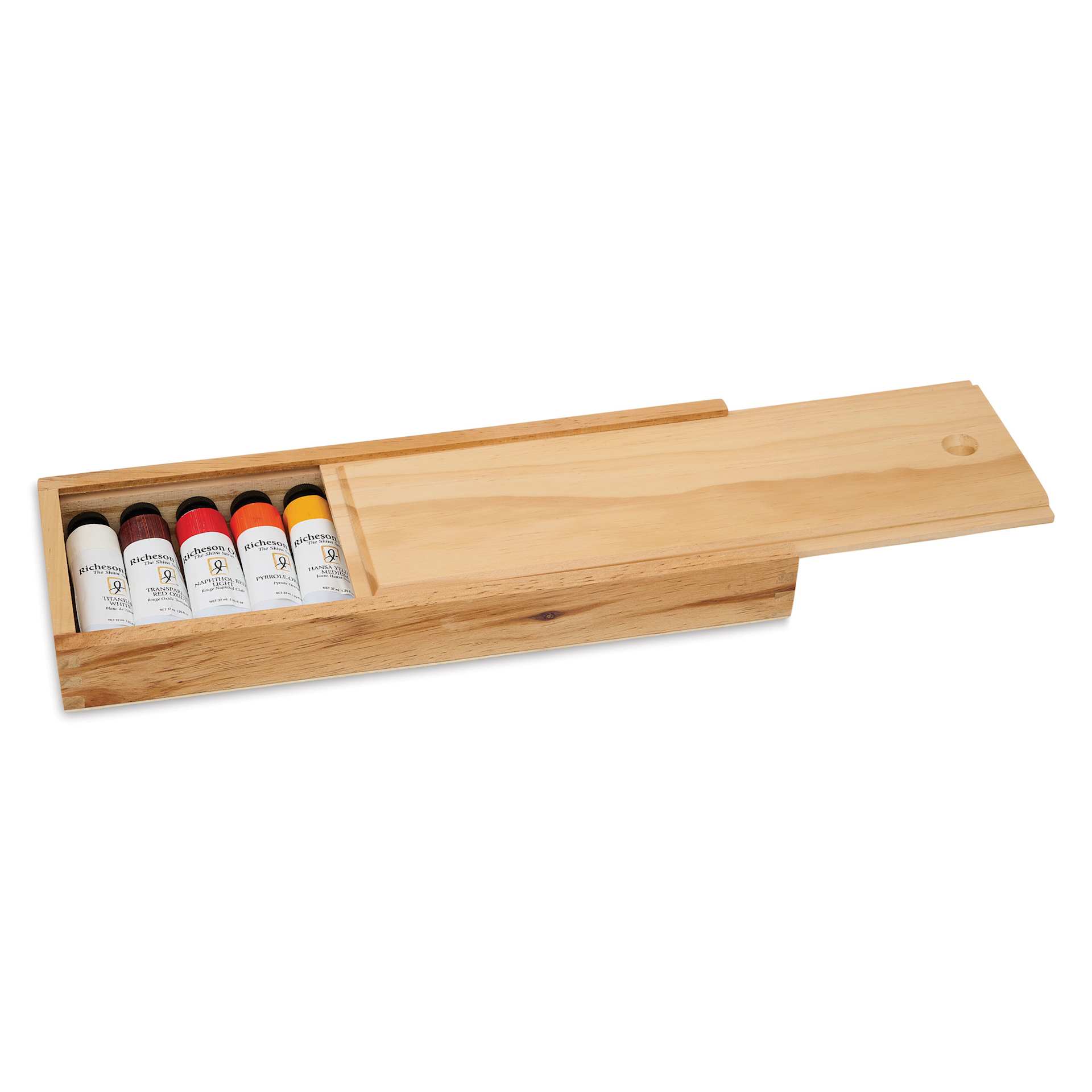 Lid on the Shiva Signature Artist Oil Colors - Set of 12, Jason Polins' Chromatic Colors slides into wooden box for secure storage