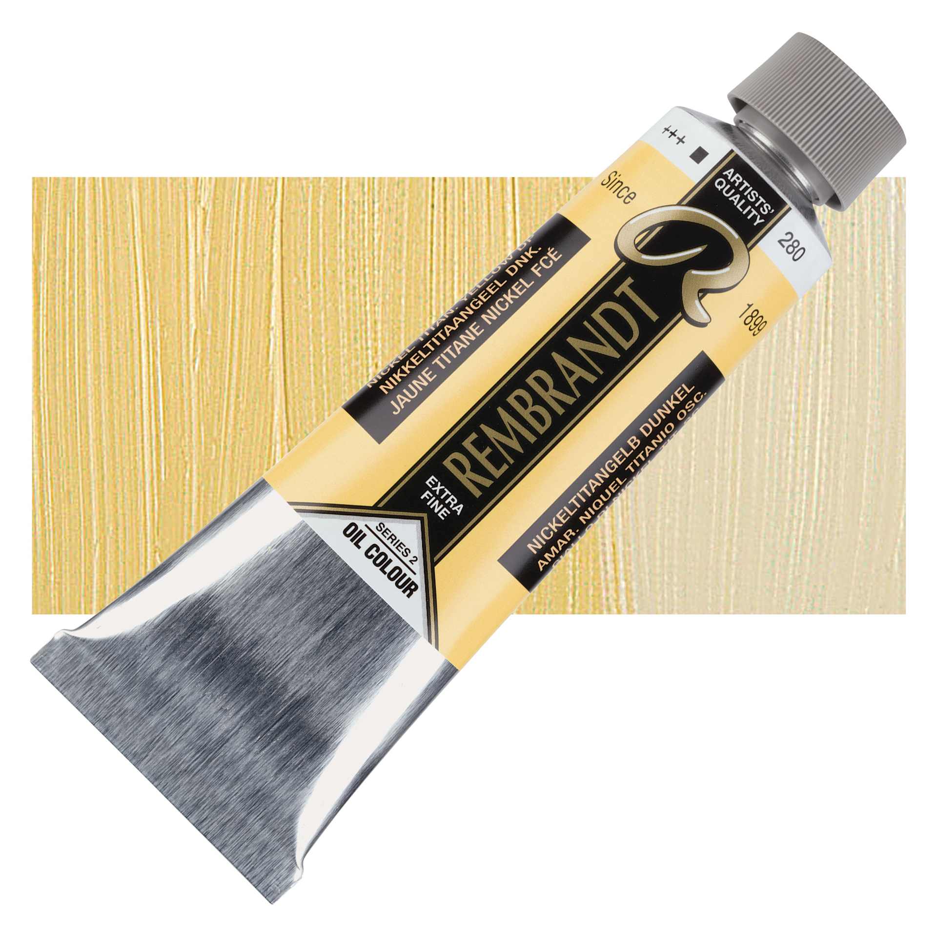 Rembrandt Artists' Oil Color - Nickel Titanium Yellow Deep, 150 ml tube and swatch