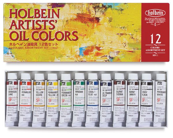 Holbein Artists' Oil Paint Sets - Set of 12 tubes in package storage tray with cover above Holbein Artists' Oil Paint Sets - Set of 12 tubes in package storage tray with cover above