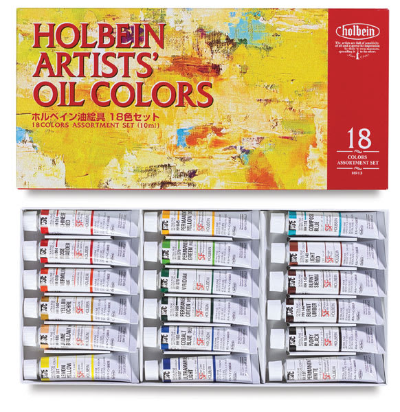 Holbein Artists' Oil Paint Sets - Set of 18 tubes in package storage tray with cover above Holbein Artists' Oil Paint Sets - Set of 18 tubes in package storage tray with cover above