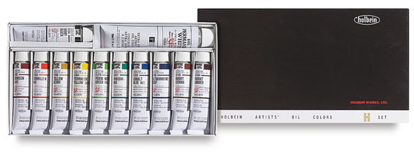 Holbein Artists' Oil Paint Sets - Set of 12 tubes in package storage tray next to cover Holbein Artists' Oil Paint Sets - Set of 12 tubes in package storage tray next to cover